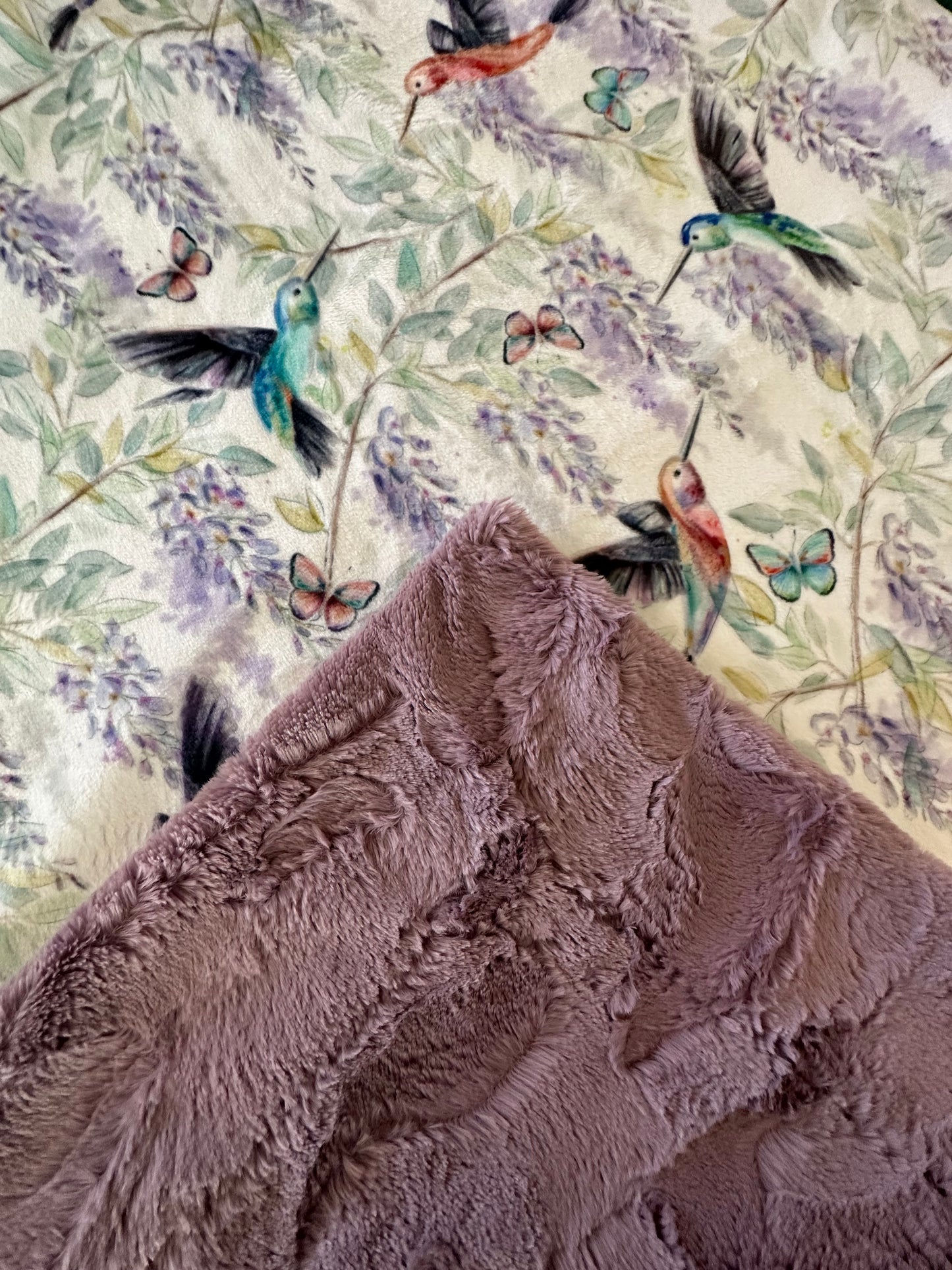 Hummingbirds on Mulberry Hide Travel/Throw-55x63 Minky Blanket