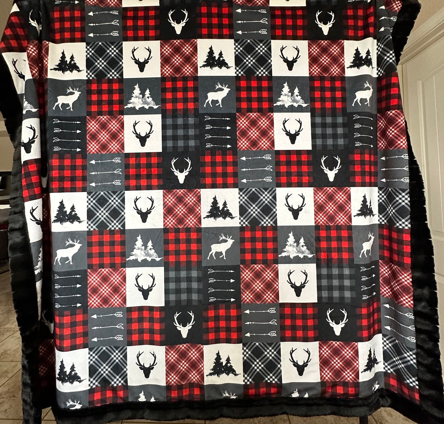Lumberjack Patchwork on Black Chinchilla Throw/child/Toddler/Travel/Minky Blanket 57x62