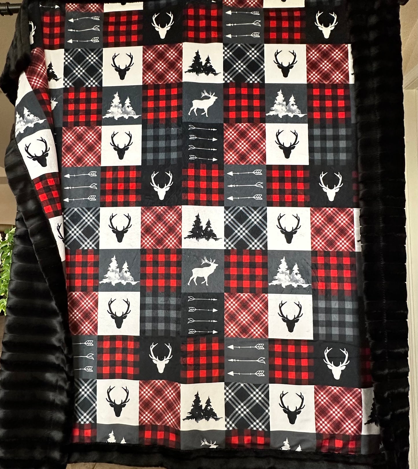 Lumberjack Patchwork on Black Chinchilla Throw/child/Toddler/Travel/Minky Blanket 57x62