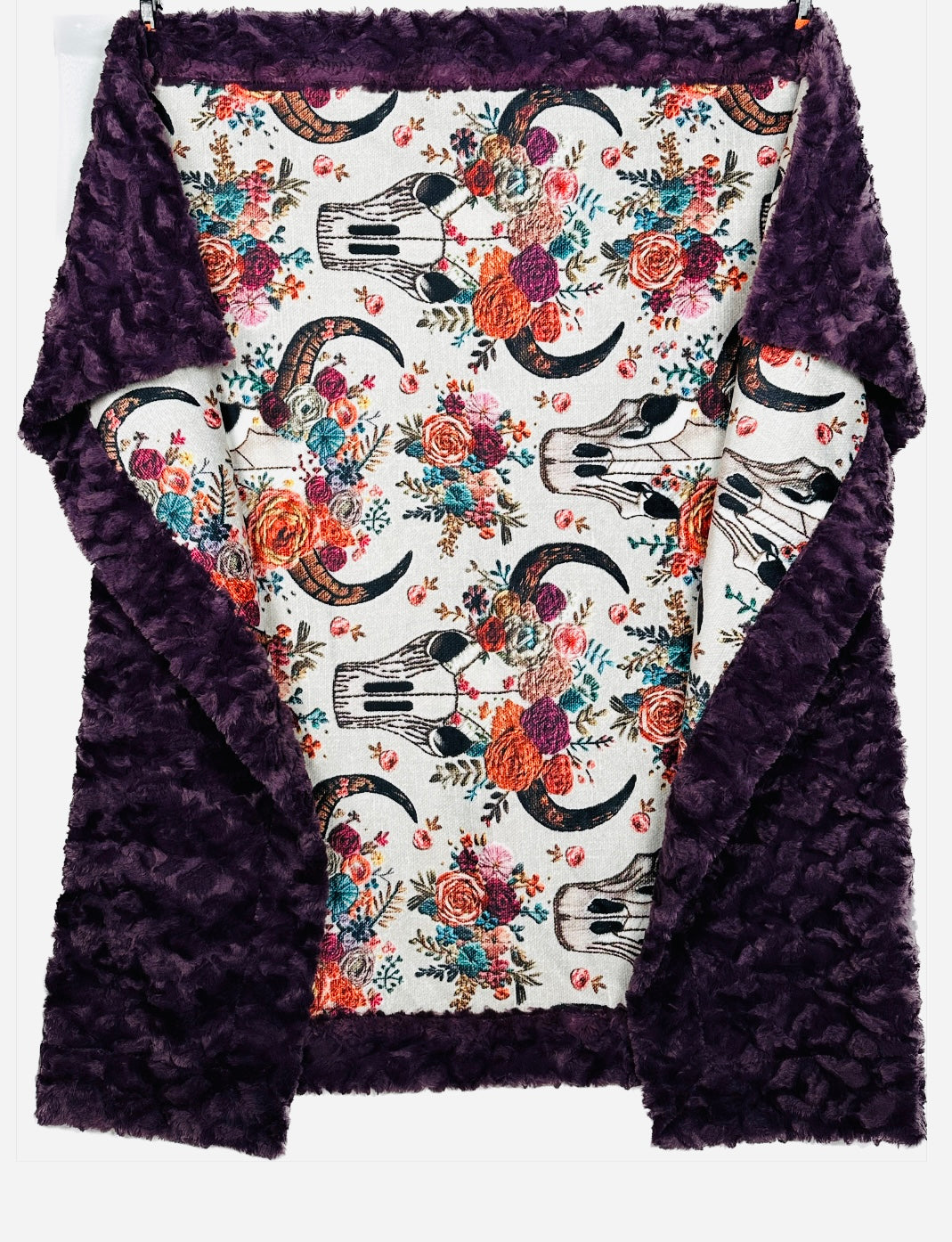 Western Floral Skull Embroidery "Print" on Tuscany Berry Large Adult Size Blanket 56x79 Spoonflower Quality