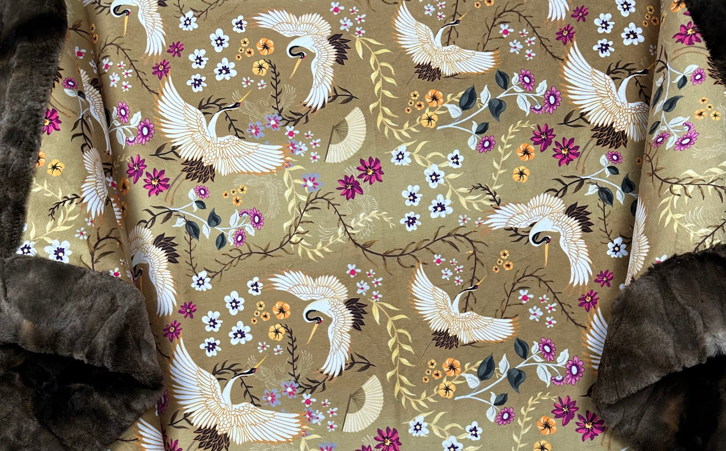 Cranes on Gold and Purple Flowers, Brown Rabbit Tie-Dye Adult Size Blanket 54x76 Spoonflower Quality