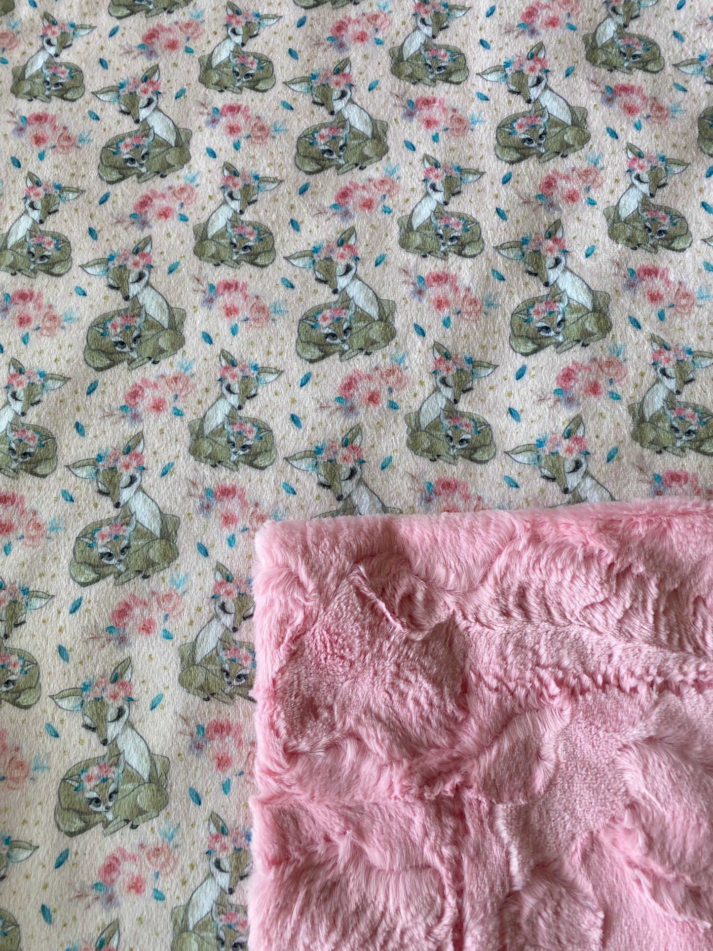 Rose Flower Fawn on Bubblegum Luxe Hide Toddler large Minky Blanket 47x64
