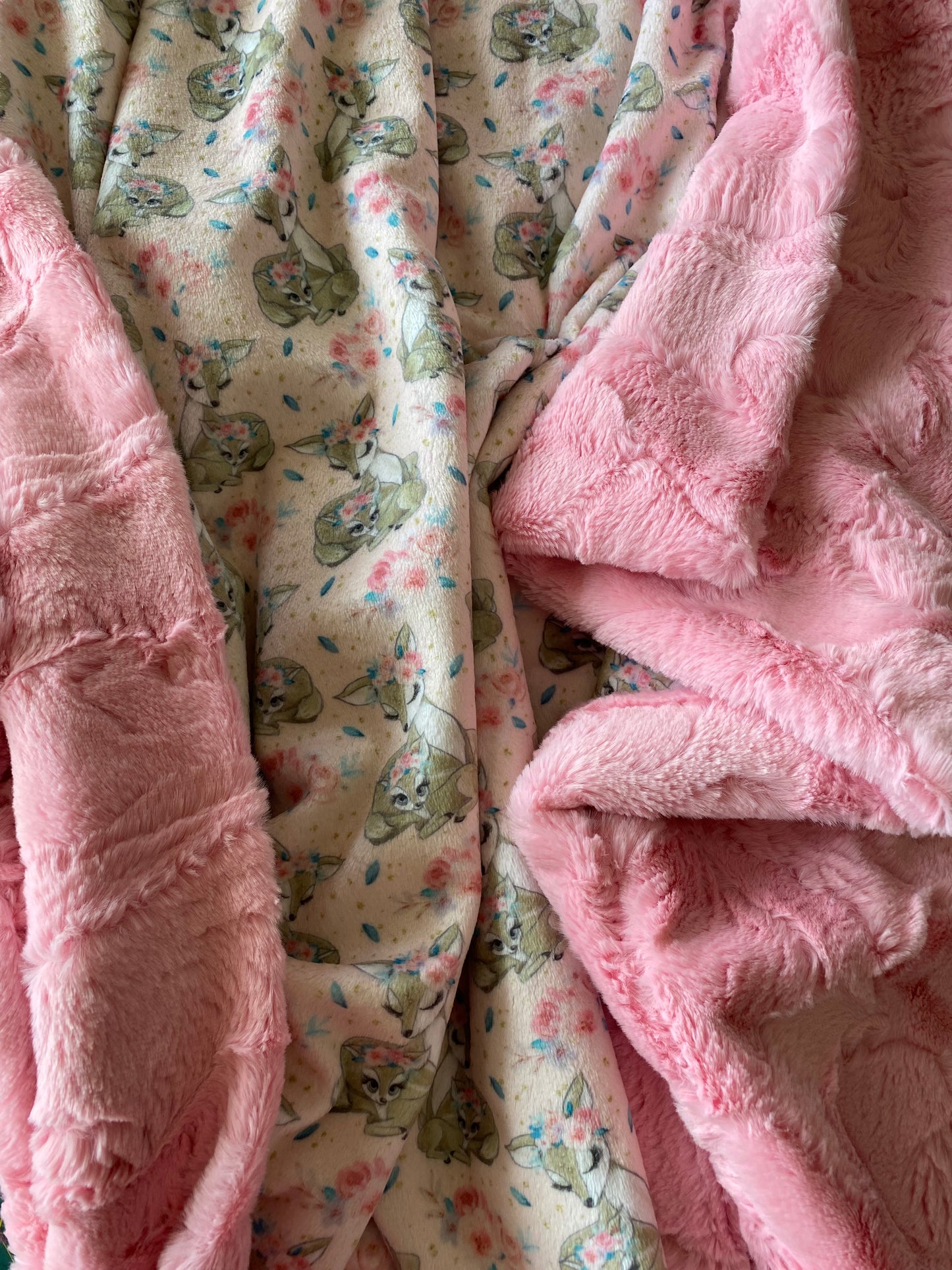 Rose Flower Fawn on Bubblegum Luxe Hide Toddler large Minky Blanket 47x64