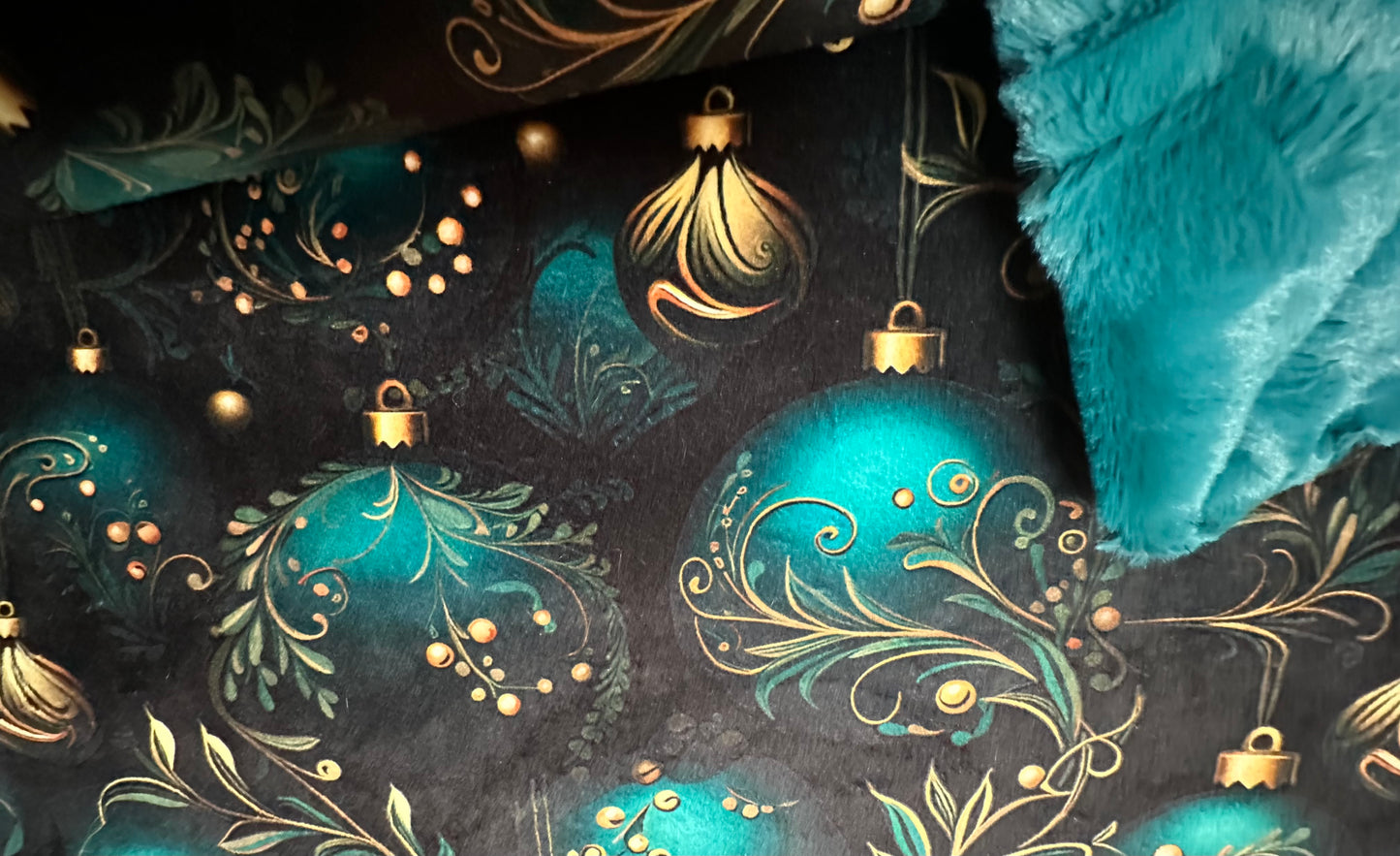 Teal and Gold Christmas Ornaments X-Wide Large 61x77 Spoonflower Quality Minky Blanket with 15x24 Pillcase