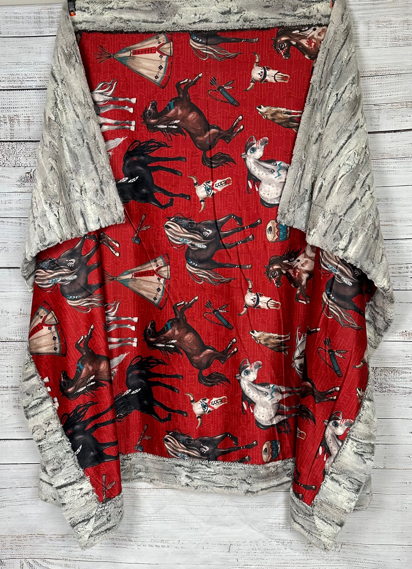 Native American Horses on Silver fox Luxe 54x79 Large Minky Blanket (Red) Spoonflower Quality