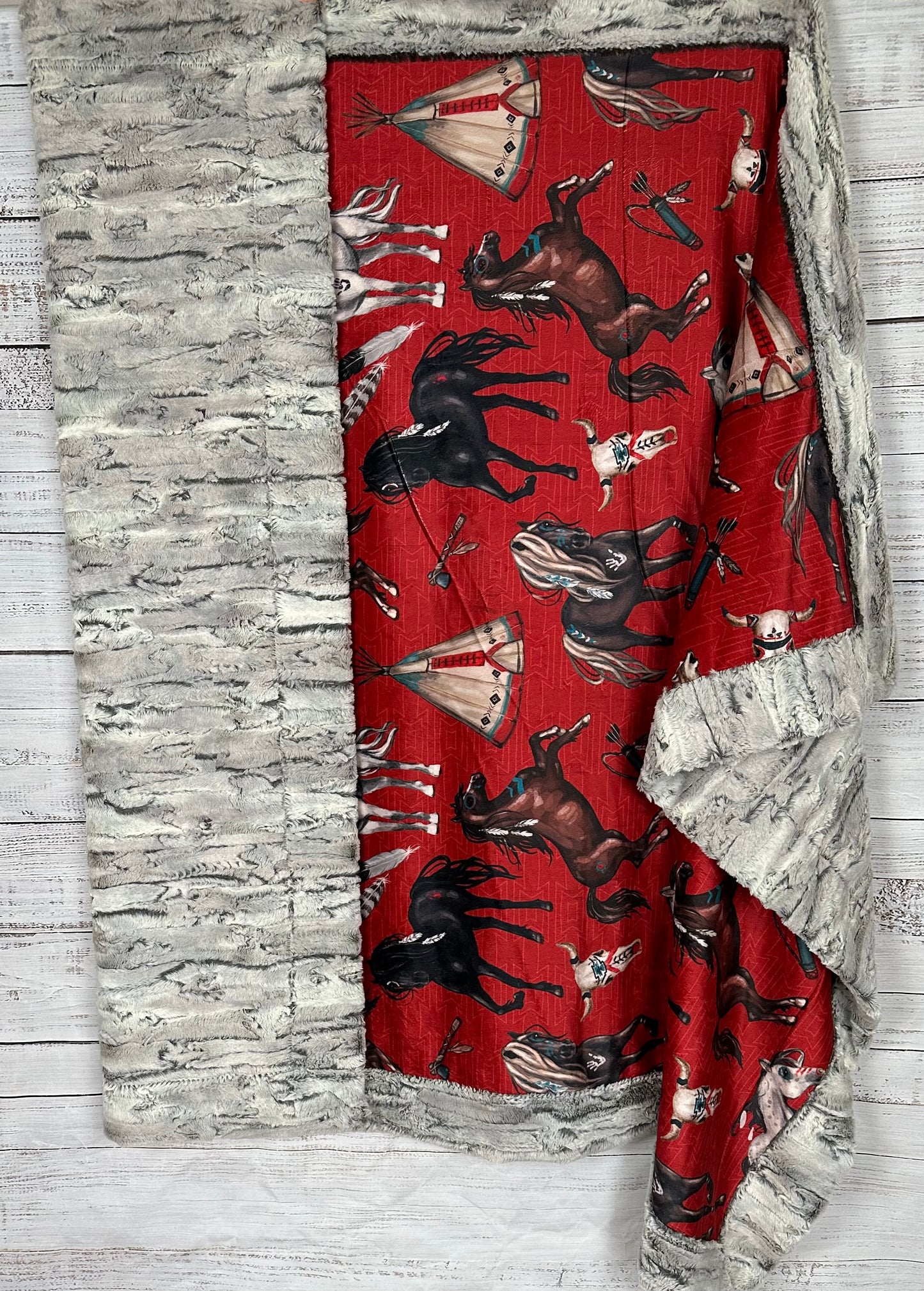 Native American Horses on Silver fox Luxe 54x79 Large Minky Blanket (Red) Spoonflower Quality