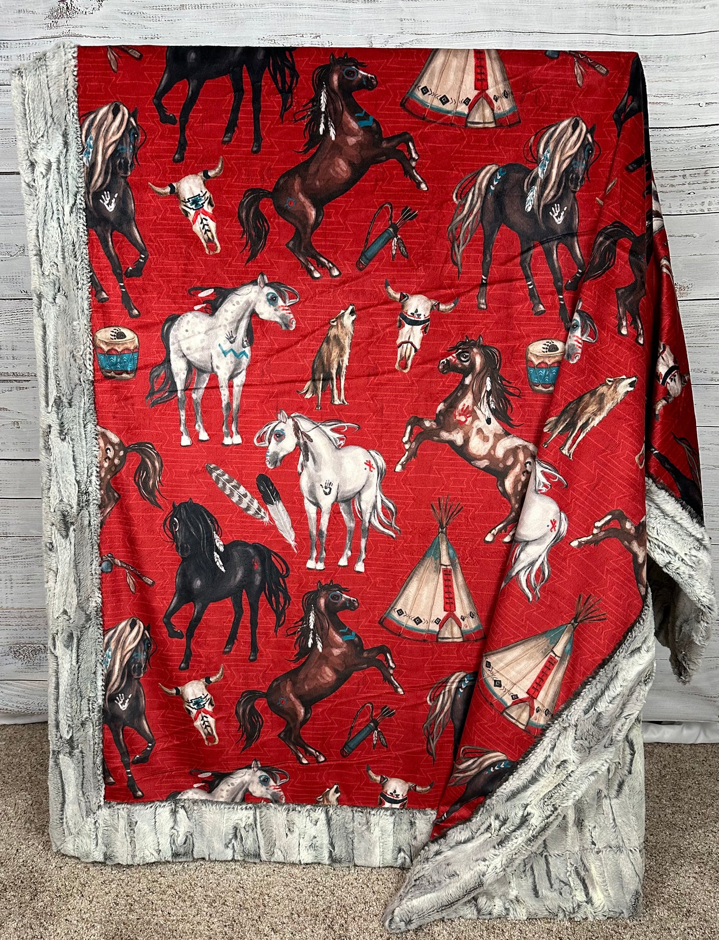 Native American Horses on Silver fox Luxe 54x79 Large Minky Blanket (Red) Spoonflower Quality