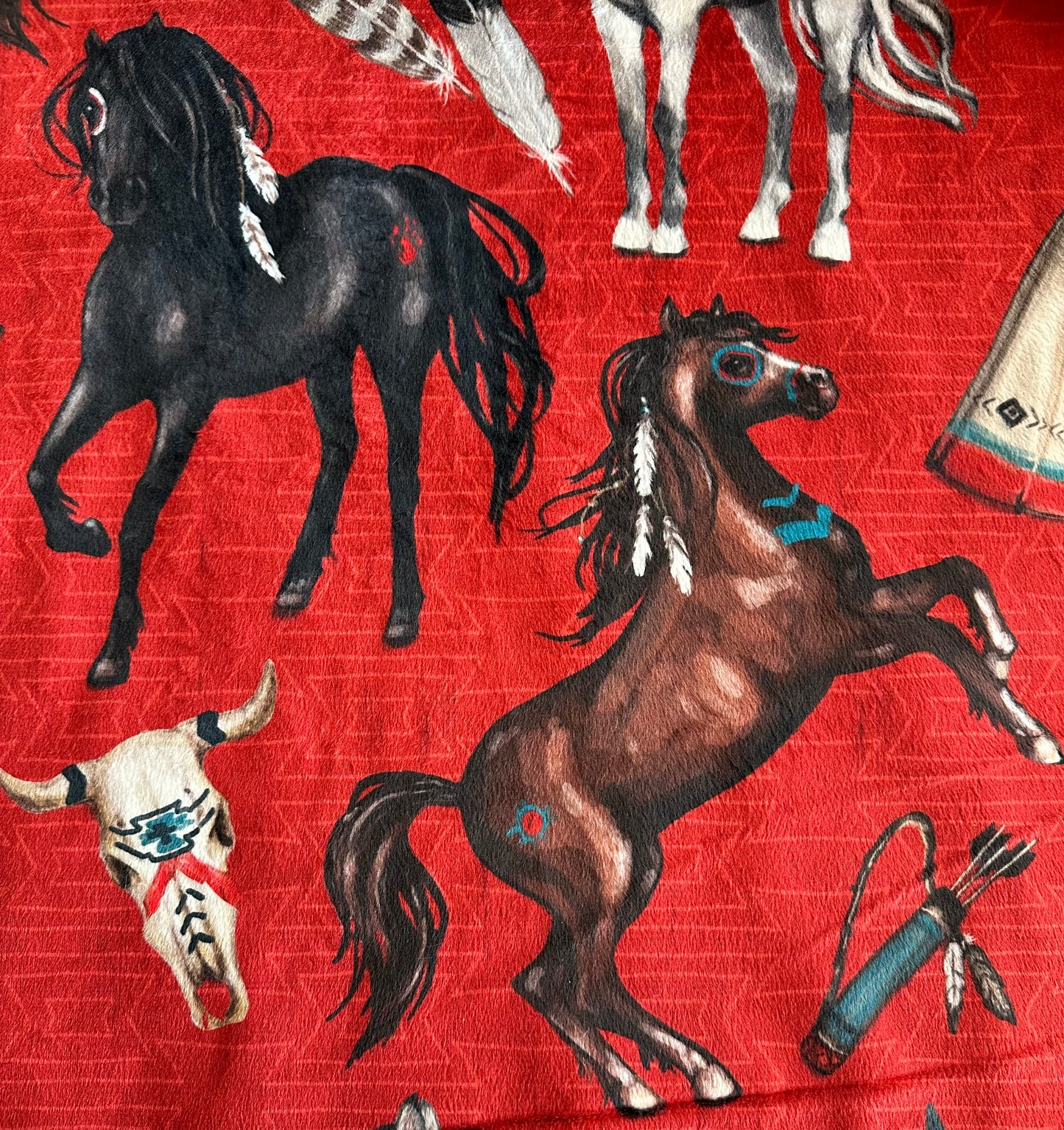 Native American Horses on Silver fox Luxe 54x79 Large Minky Blanket (Red) Spoonflower Quality