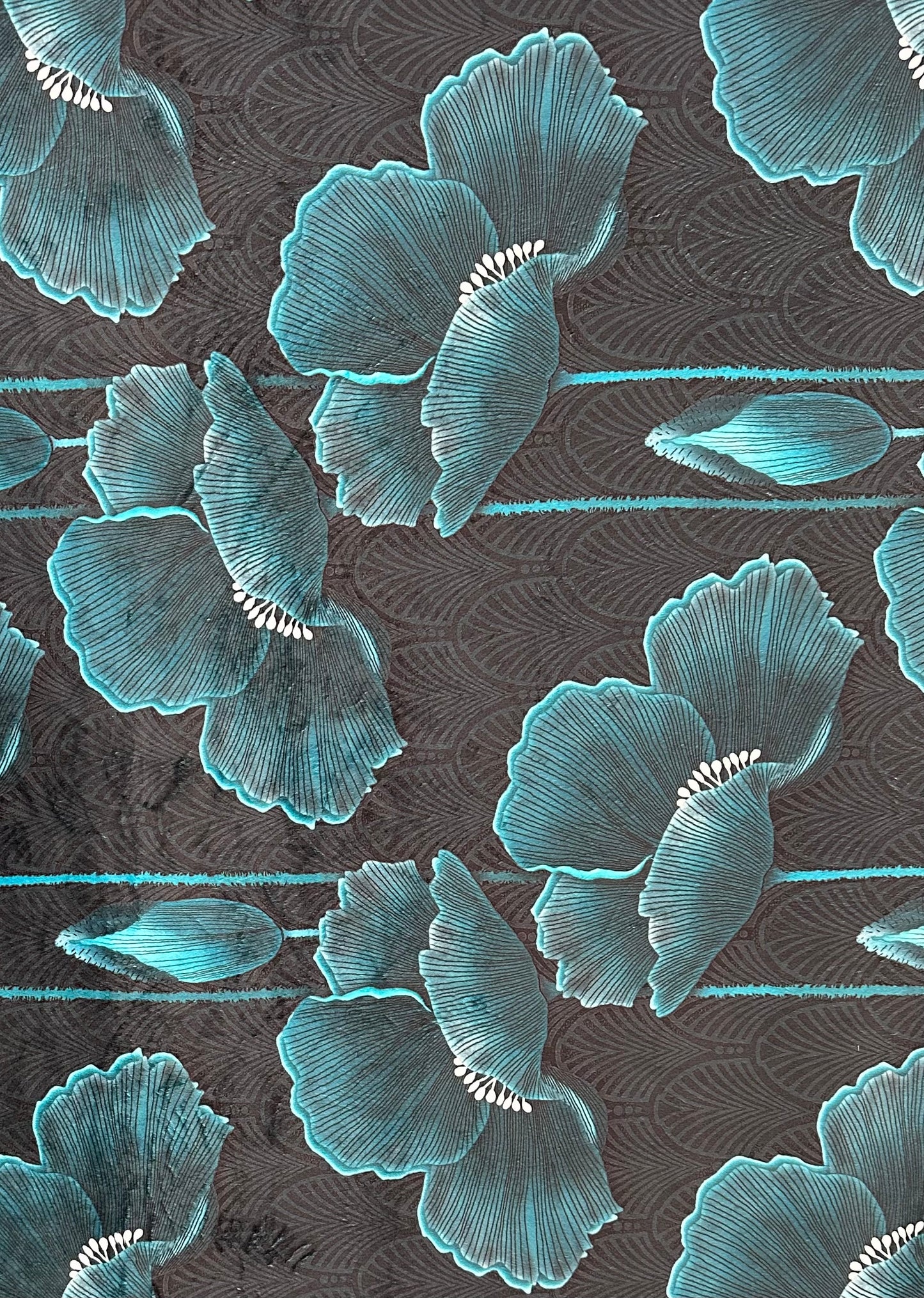 Art Deco Poppies Teal Large Minky Blanket 55x79