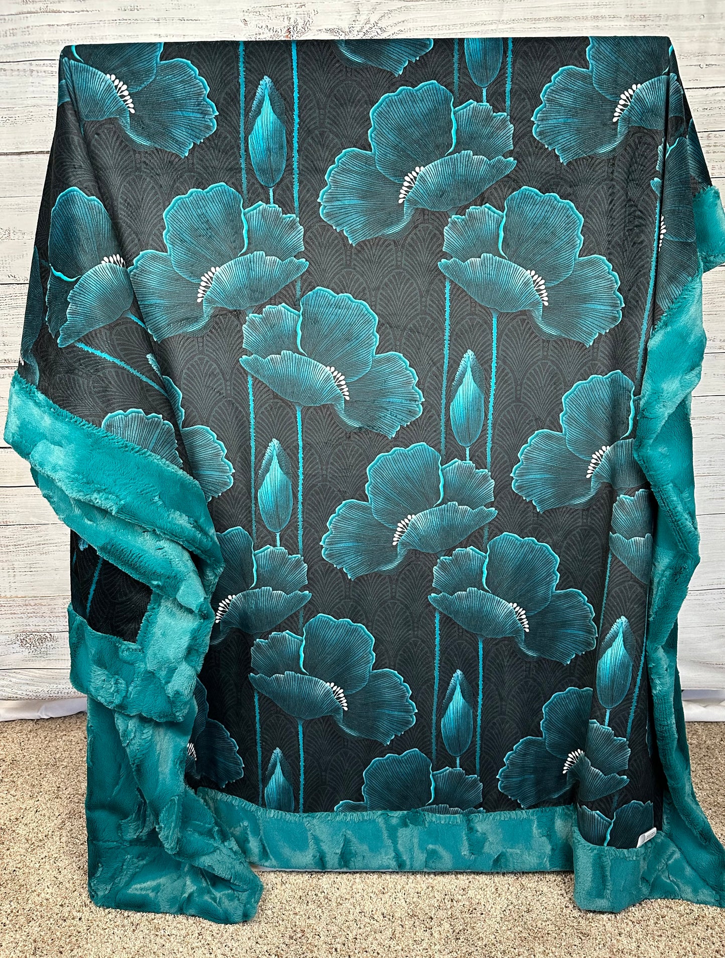 Art Deco Poppies Teal Large Minky Blanket 55x79