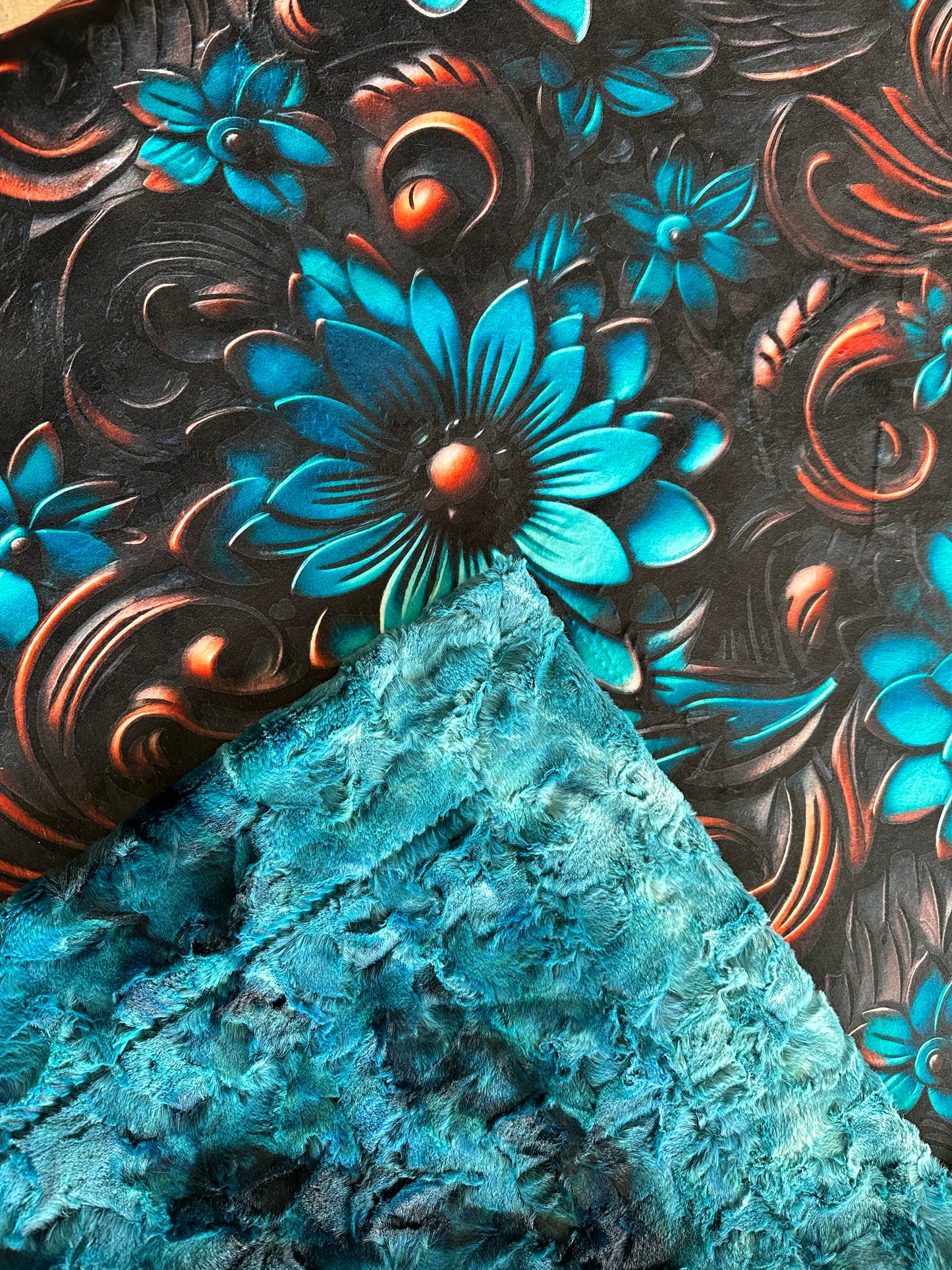 Tooled Leather Turquoise Floral on Galaxy Luxe 55x79 Large Minky Blanket