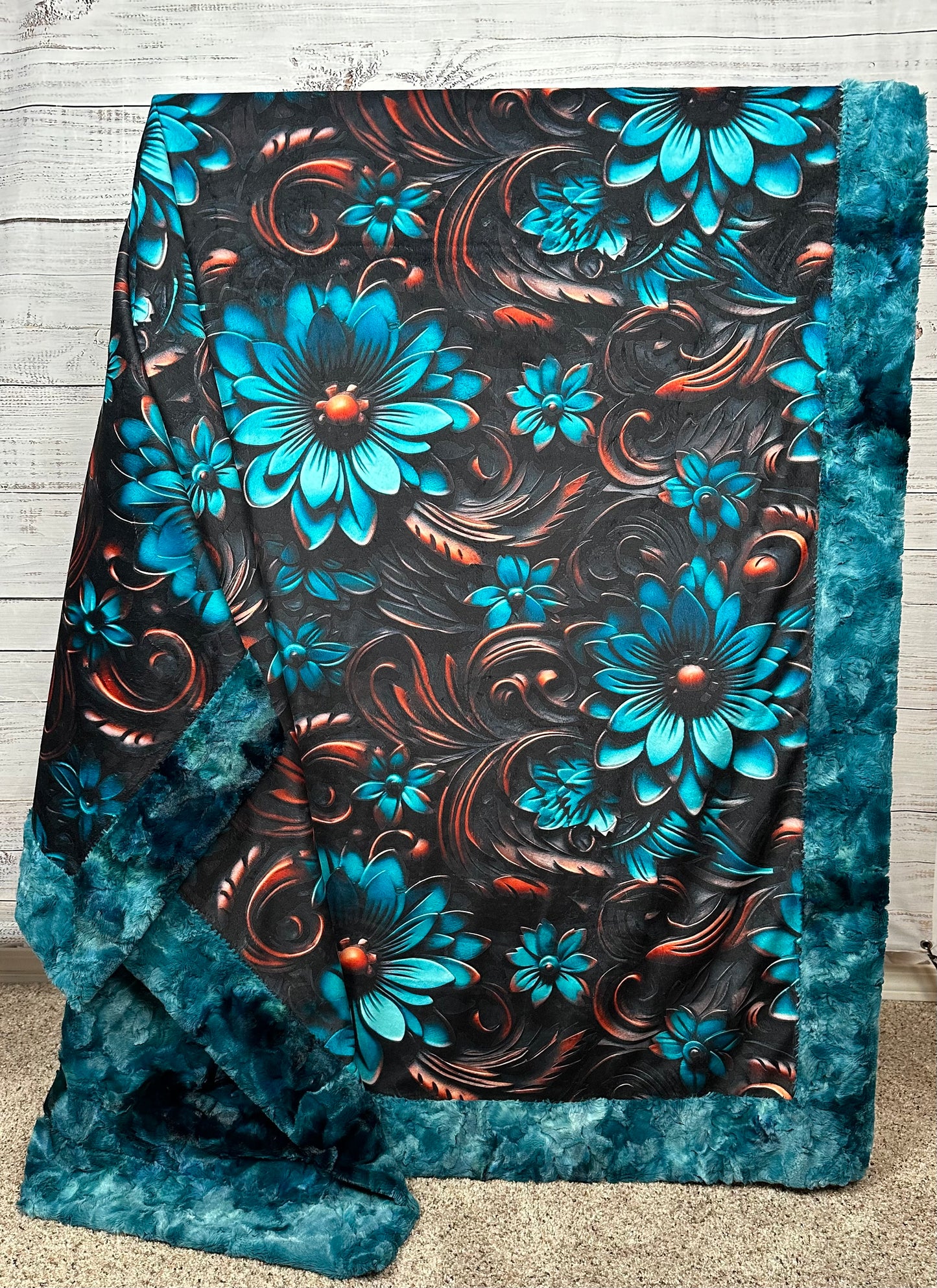 Tooled Leather Turquoise Floral on Galaxy Luxe 55x79 Large Minky Blanket