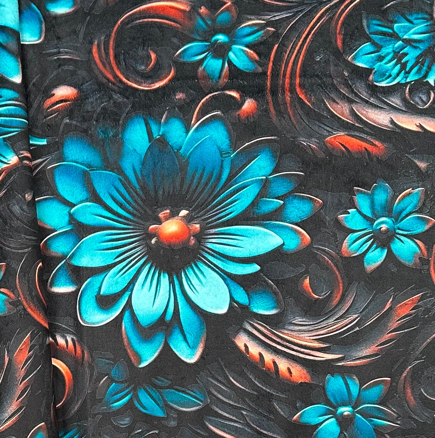 Tooled Leather Turquoise Floral on Galaxy Luxe 55x79 Large Minky Blanket