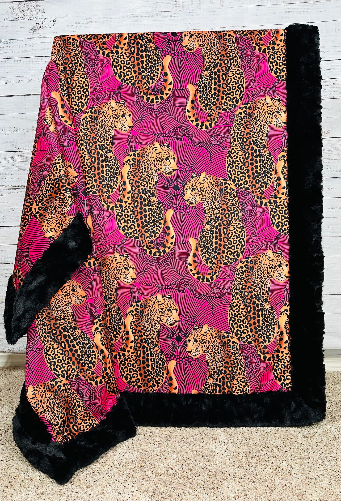 Leopard Hot Pink Kaleidoscope on Black Tuscany 55x79 Large blanket