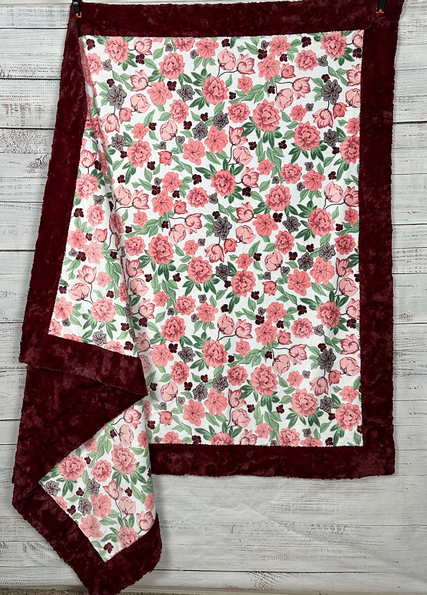 Coral Floral on Luxe Marble Merlot Minky Blanket Adult Large - 54x80