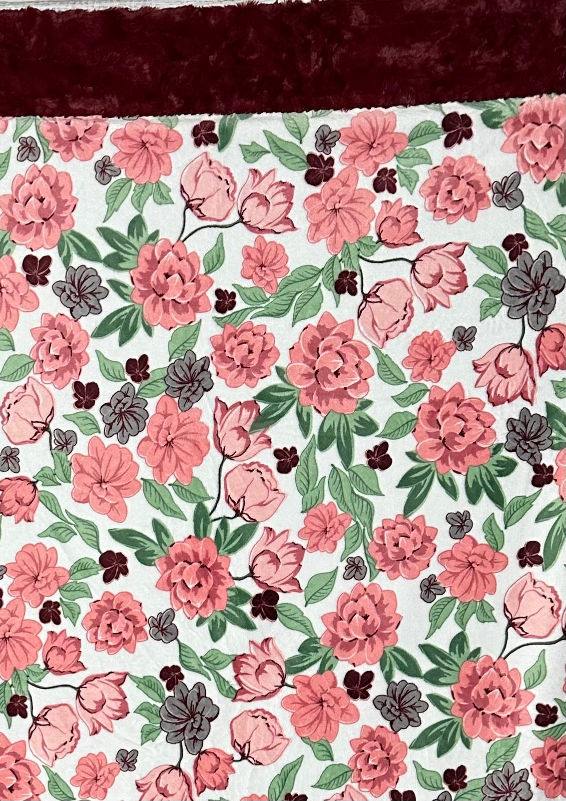Coral Floral on Luxe Marble Merlot Minky Blanket Adult Large - 54x80