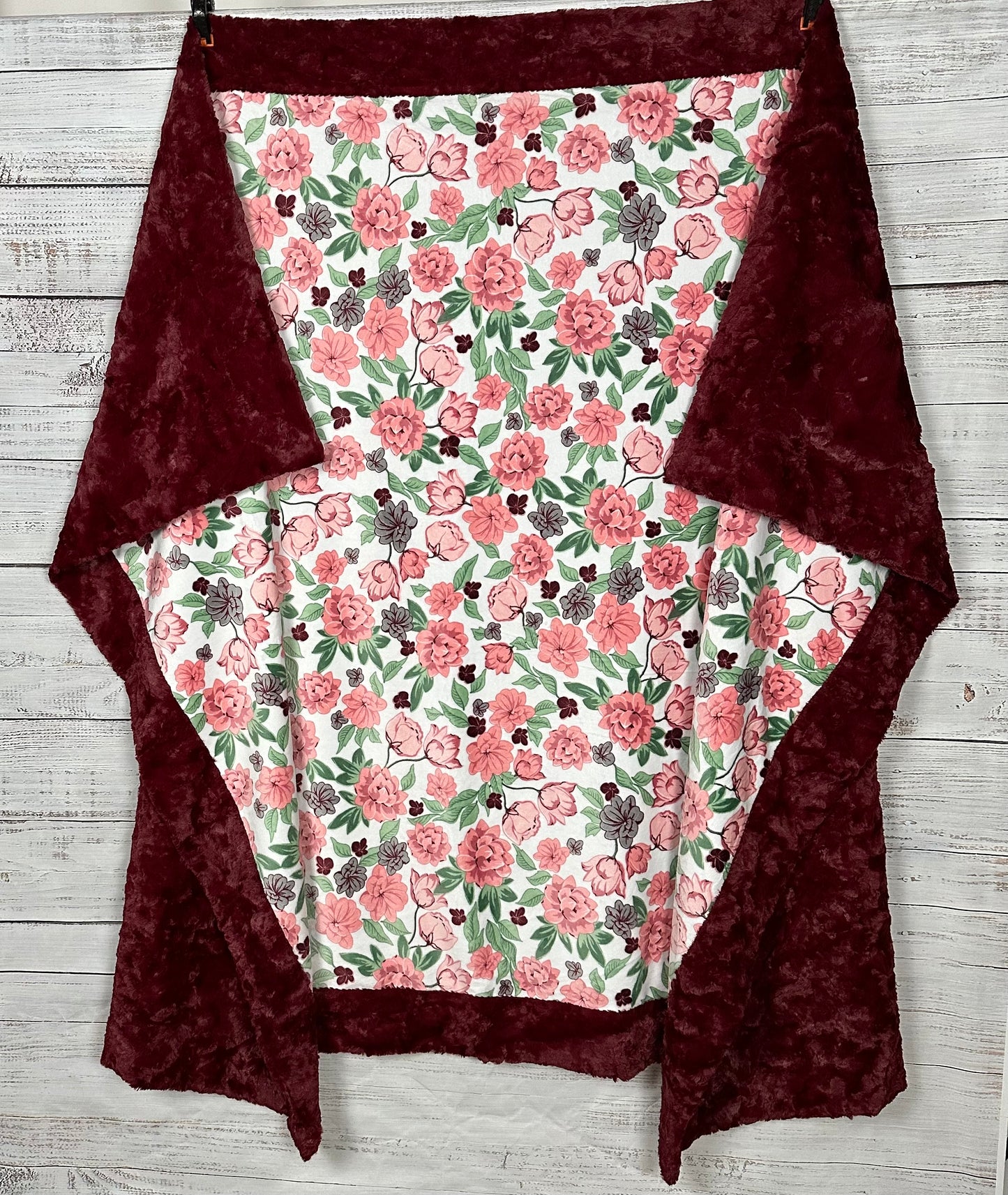 Coral Floral on Luxe Marble Merlot Minky Blanket Adult Large - 54x80