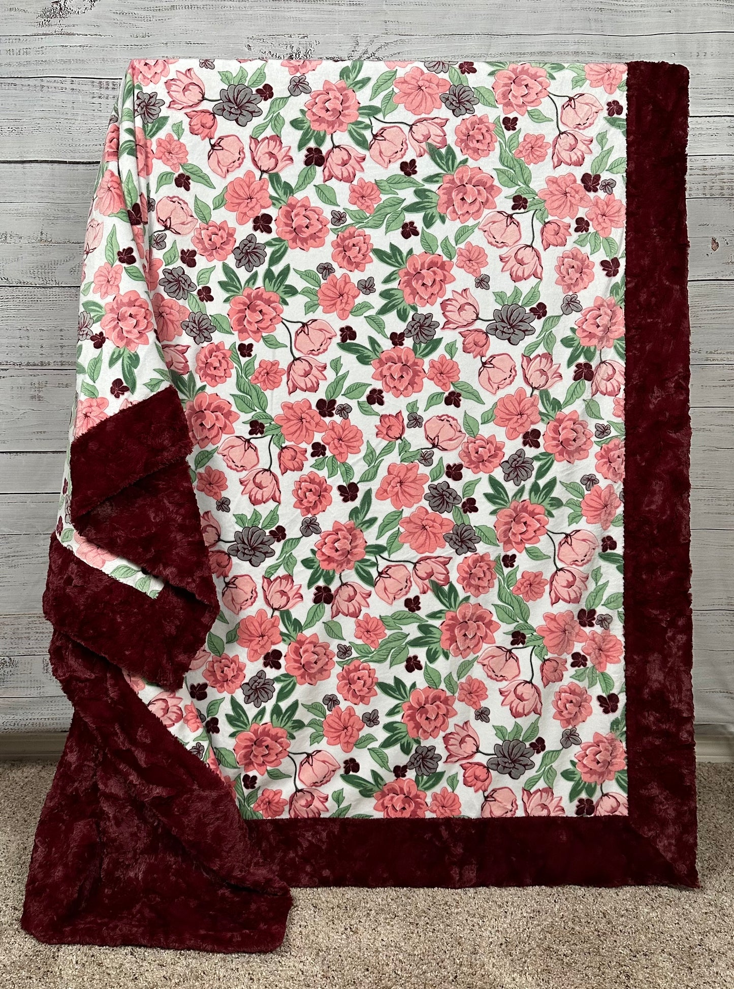 Coral Floral on Luxe Marble Merlot Minky Blanket Adult Large - 54x80