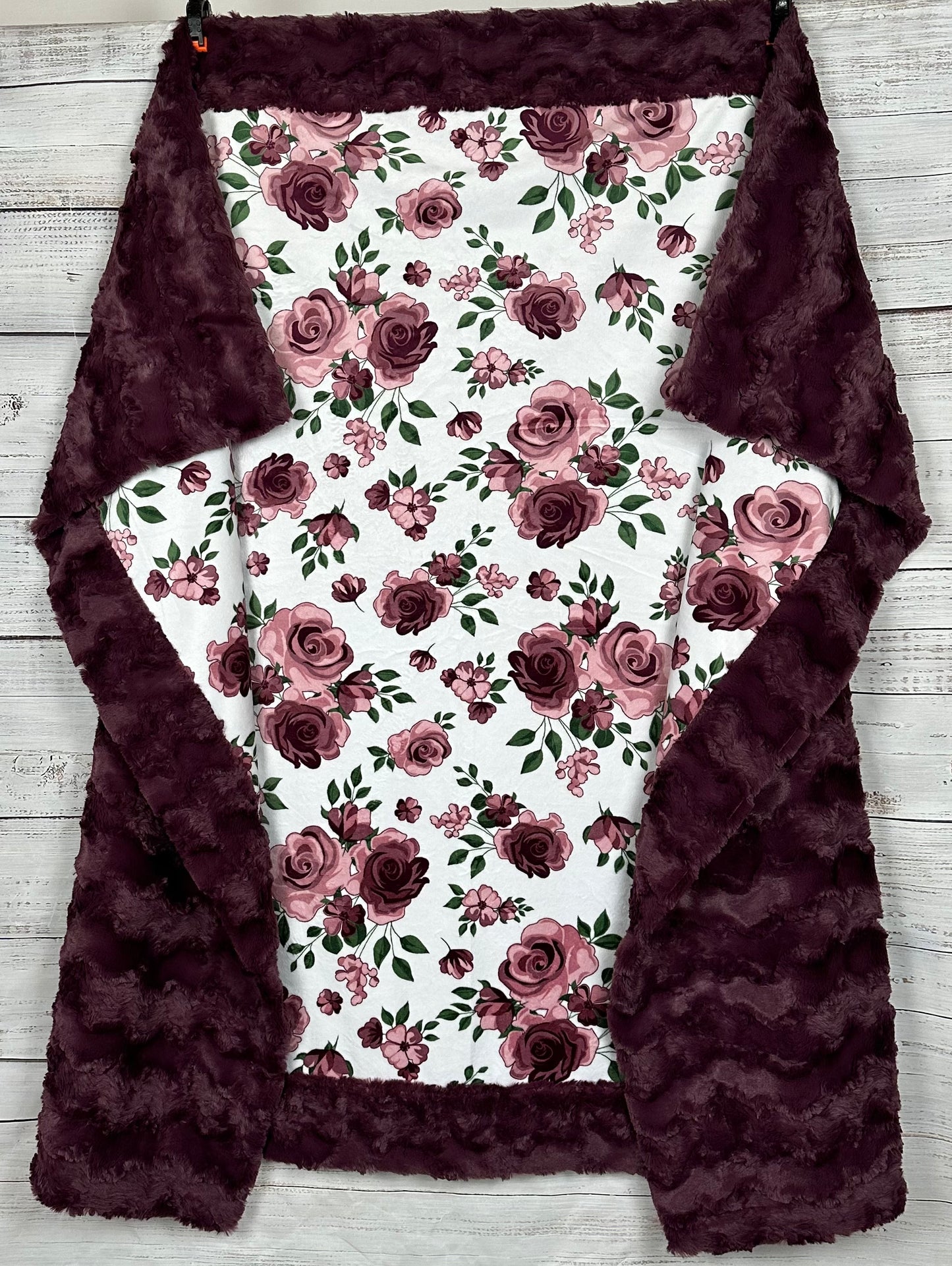 Rose Bouquet Plumwine on Glacier Plumwine Minky Blanket 54x65