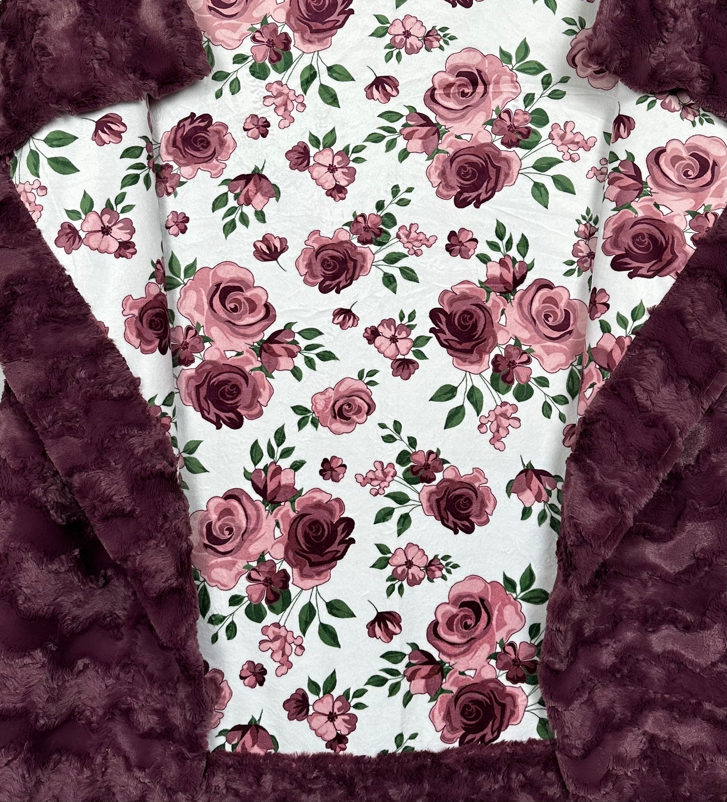 Rose Bouquet Plumwine on Glacier Plumwine Minky Blanket 54x65