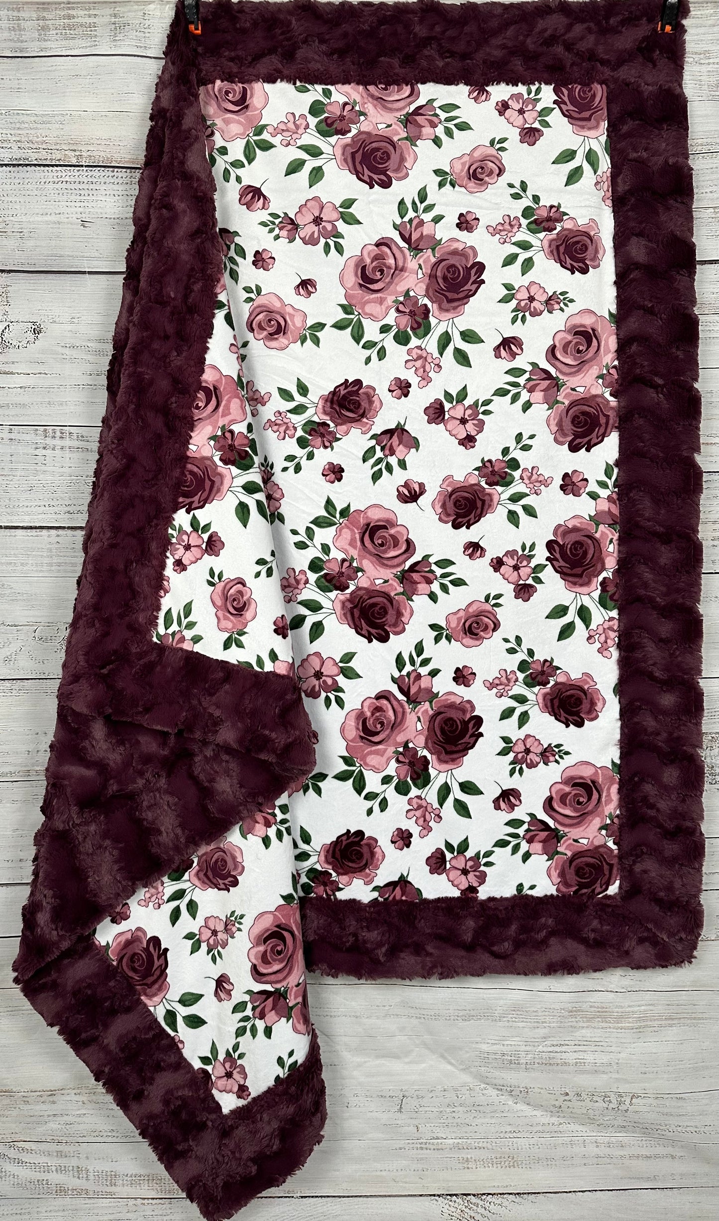 Rose Bouquet Plumwine on Glacier Plumwine Minky Blanket 54x65