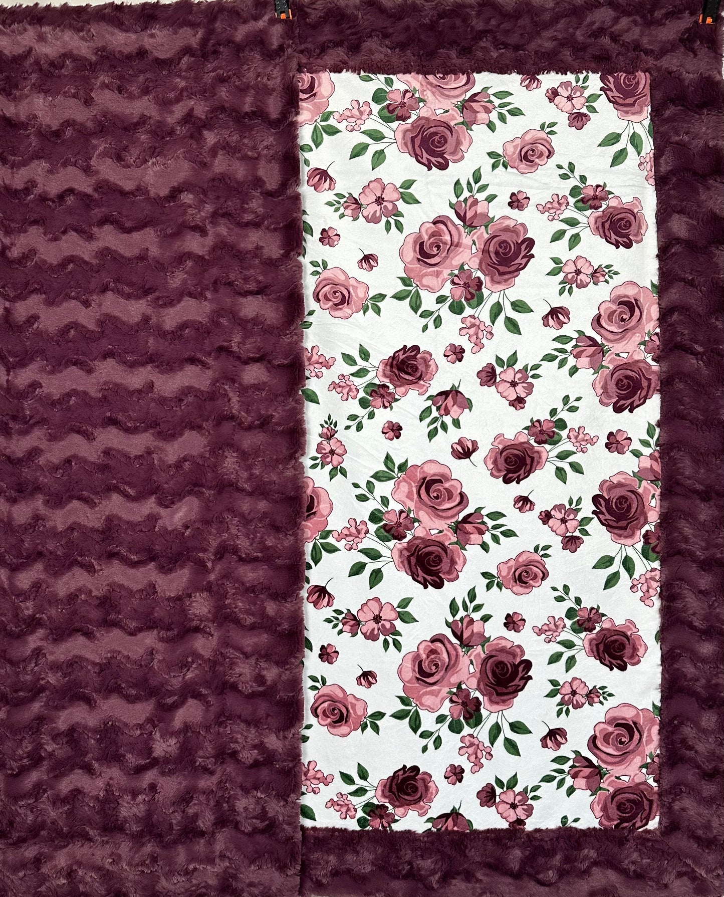 Rose Bouquet Plumwine on Glacier Plumwine Minky Blanket 54x65