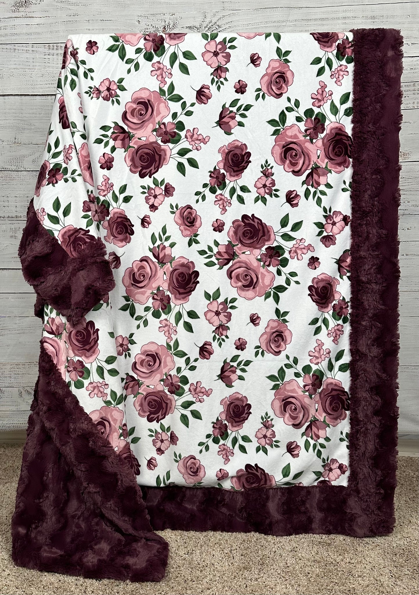 Rose Bouquet Plumwine on Glacier Plumwine Minky Blanket 54x65