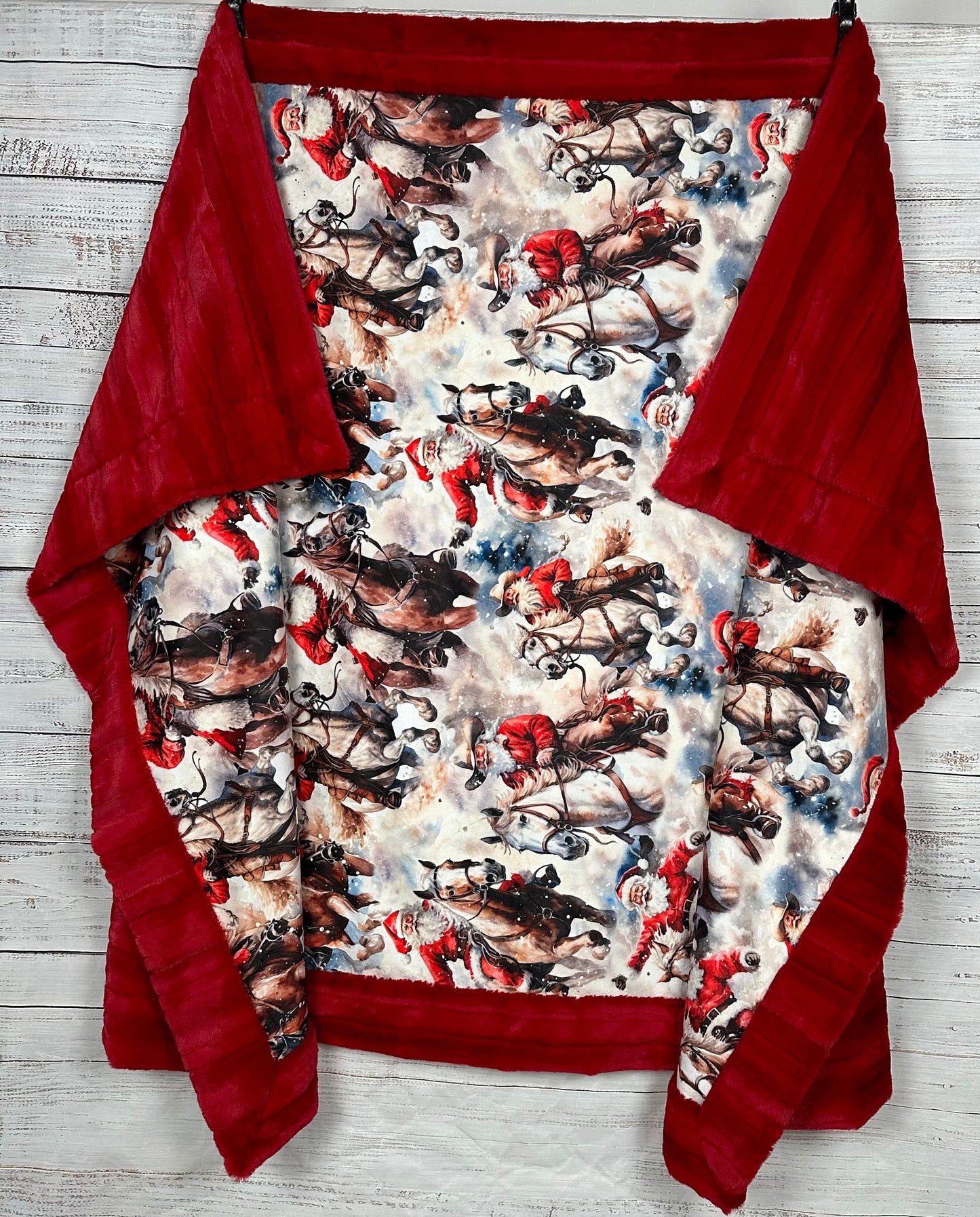 Cowboy Santa on Red Luxe Large 53x78 Minky Blanket