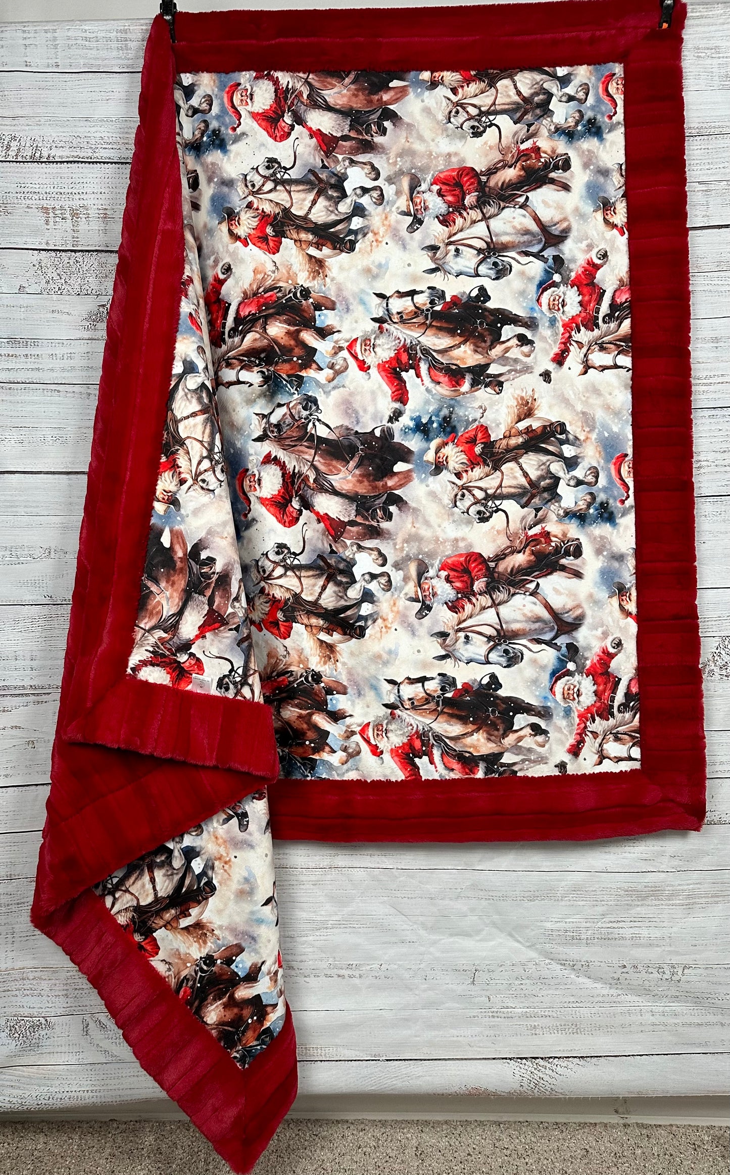 Cowboy Santa on Red Luxe Large 53x78 Minky Blanket