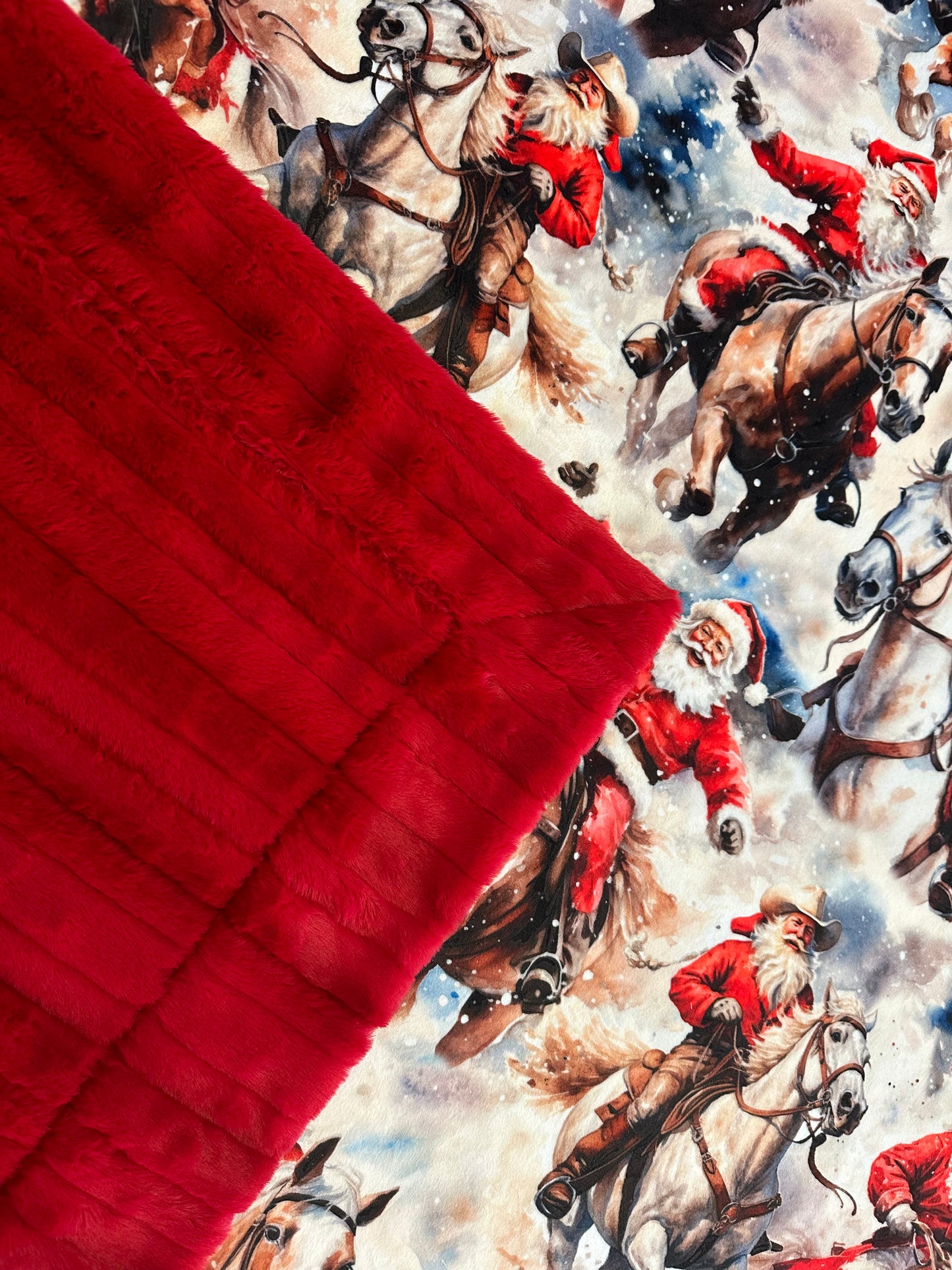 Cowboy Santa on Red Luxe Large 53x78 Minky Blanket