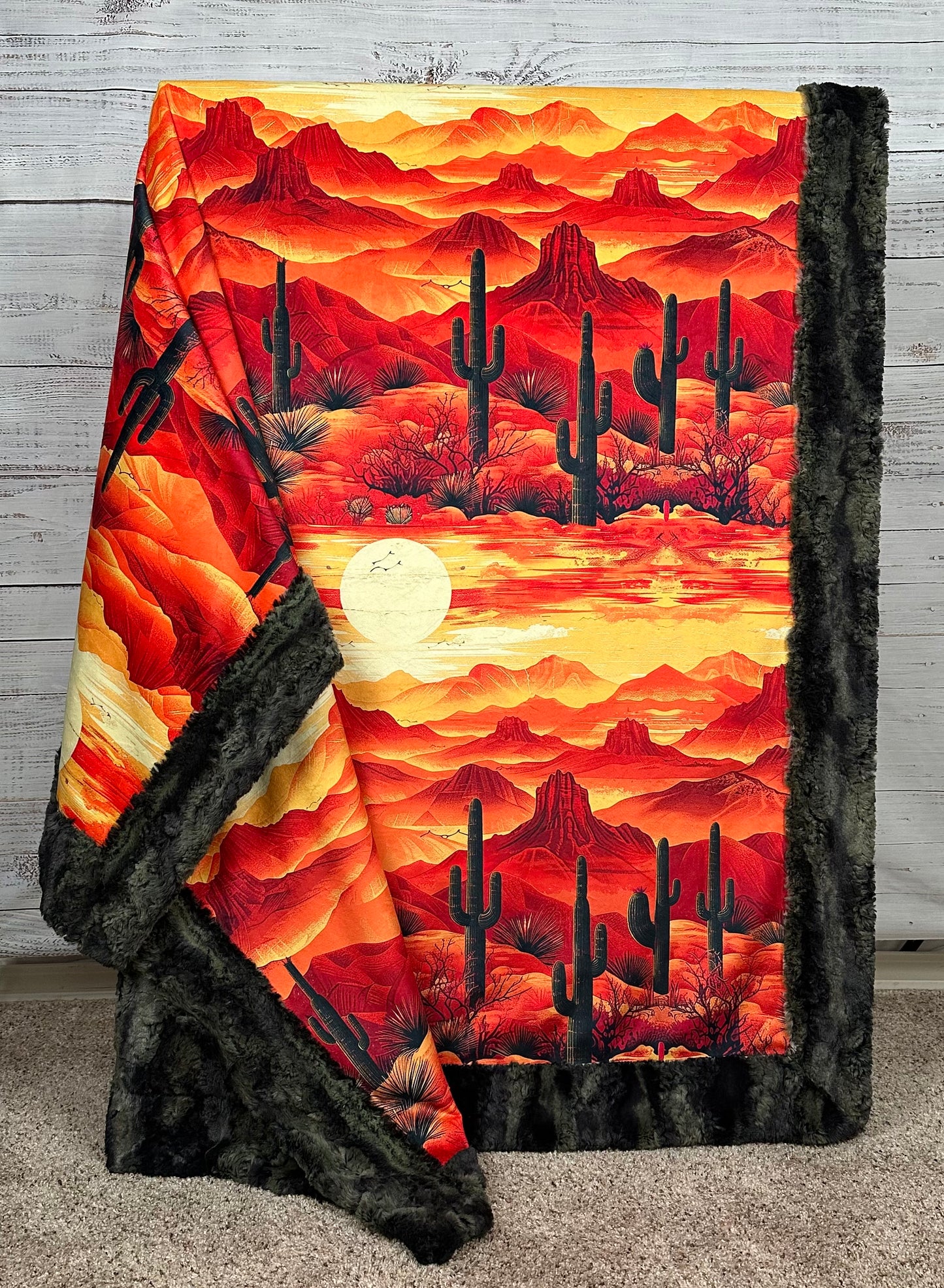 Arizona Desert Sunset Landscape on Camo Luxe Large 55x79 Minky Blanket