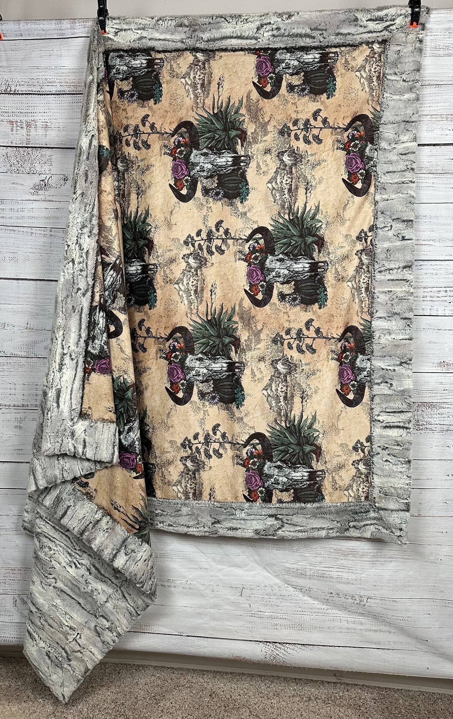 Western Americana Skull on Silver Fox Luxe Large 55x79 Minky Blanket