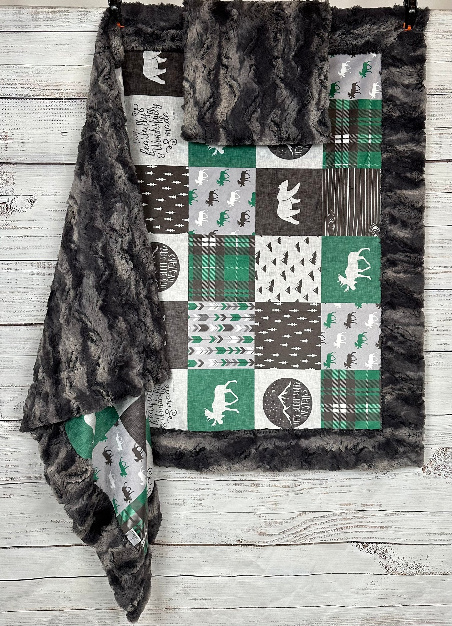 Let's Sleep Under the Stars Green and Gray Patchwork on Nine Iron Luxe with Pillowcase Child Size 40x61 Minky Blankety