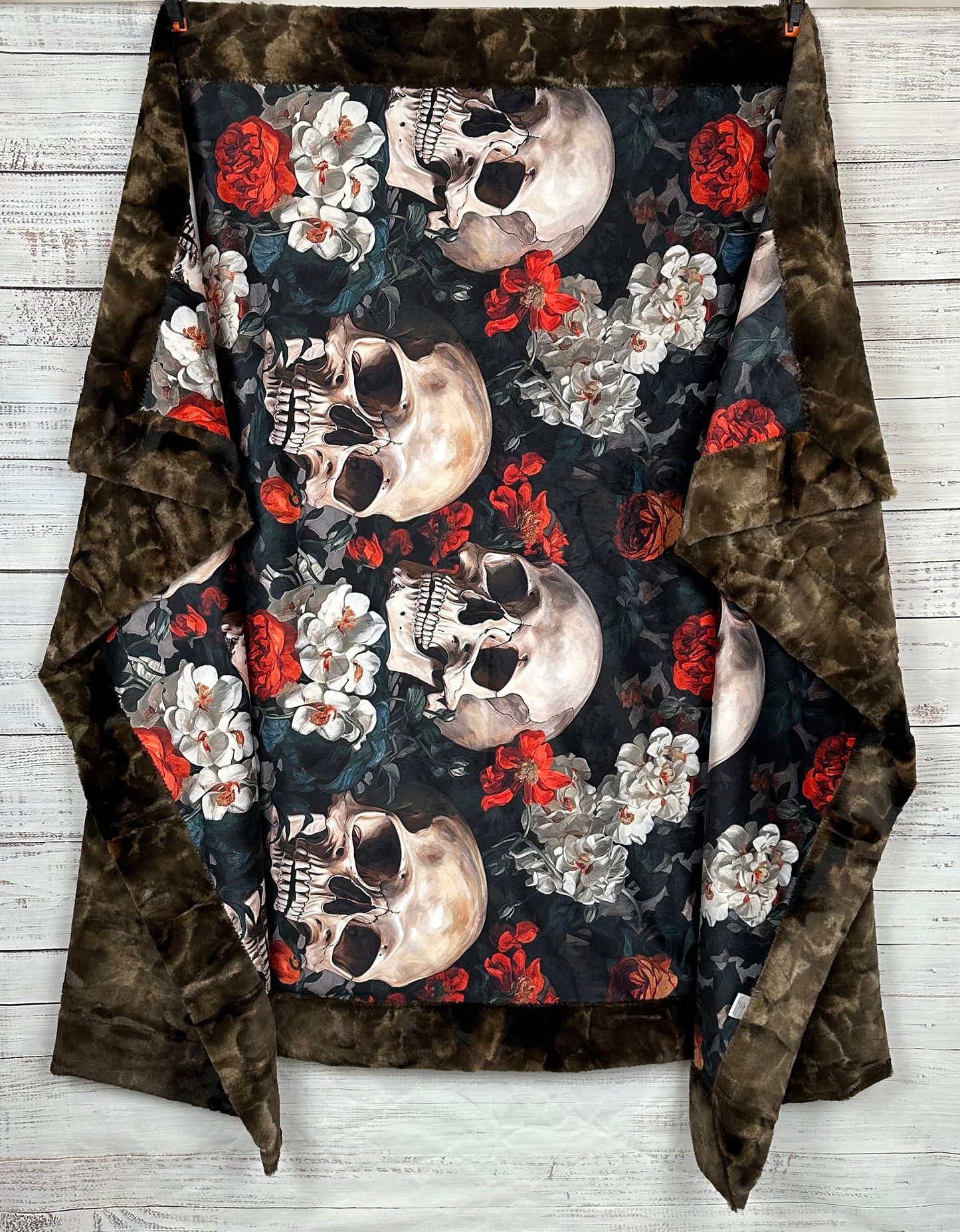 Blooming Skull Garden on Brown Luxe Large 55x79 Minky Blanket