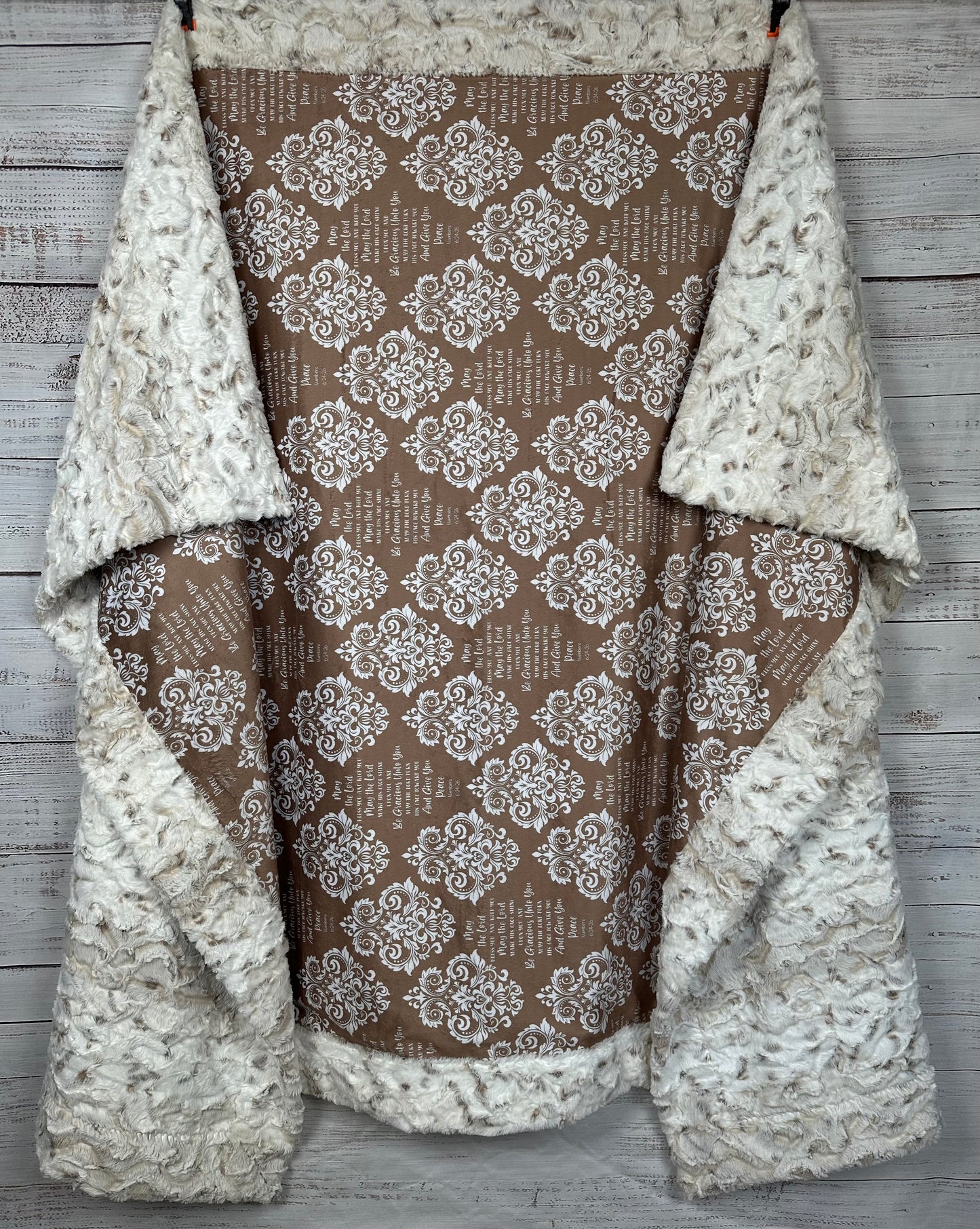 "May The Lord Bless You And Keep You" on Snowy Owl Luxe Large 55x79 Minky Blanket