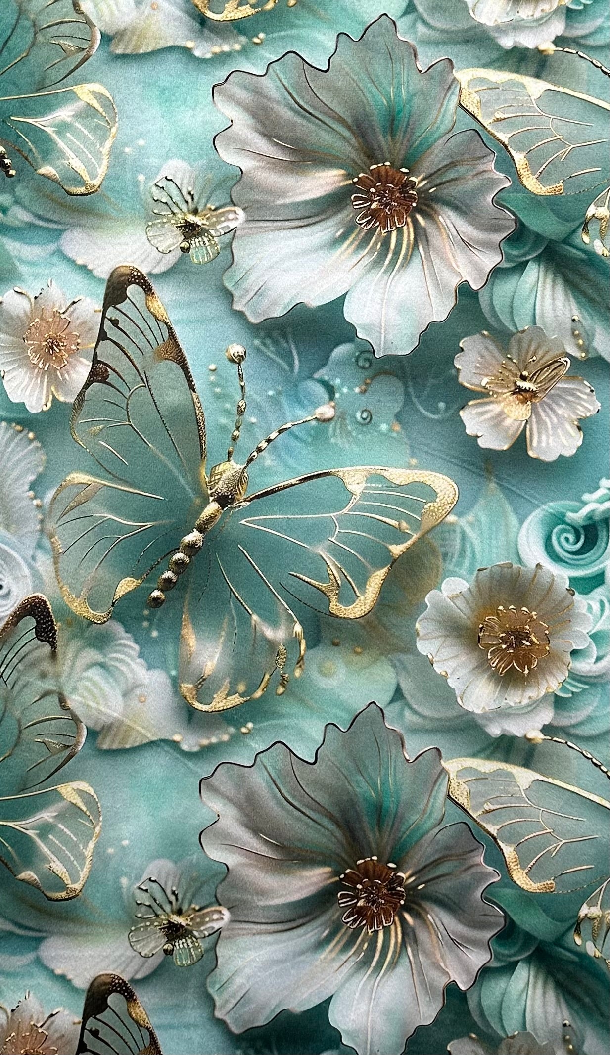Golden 3-D Butterflies and Flowers on Mint Luxe Large 55x79 Minky Blanket