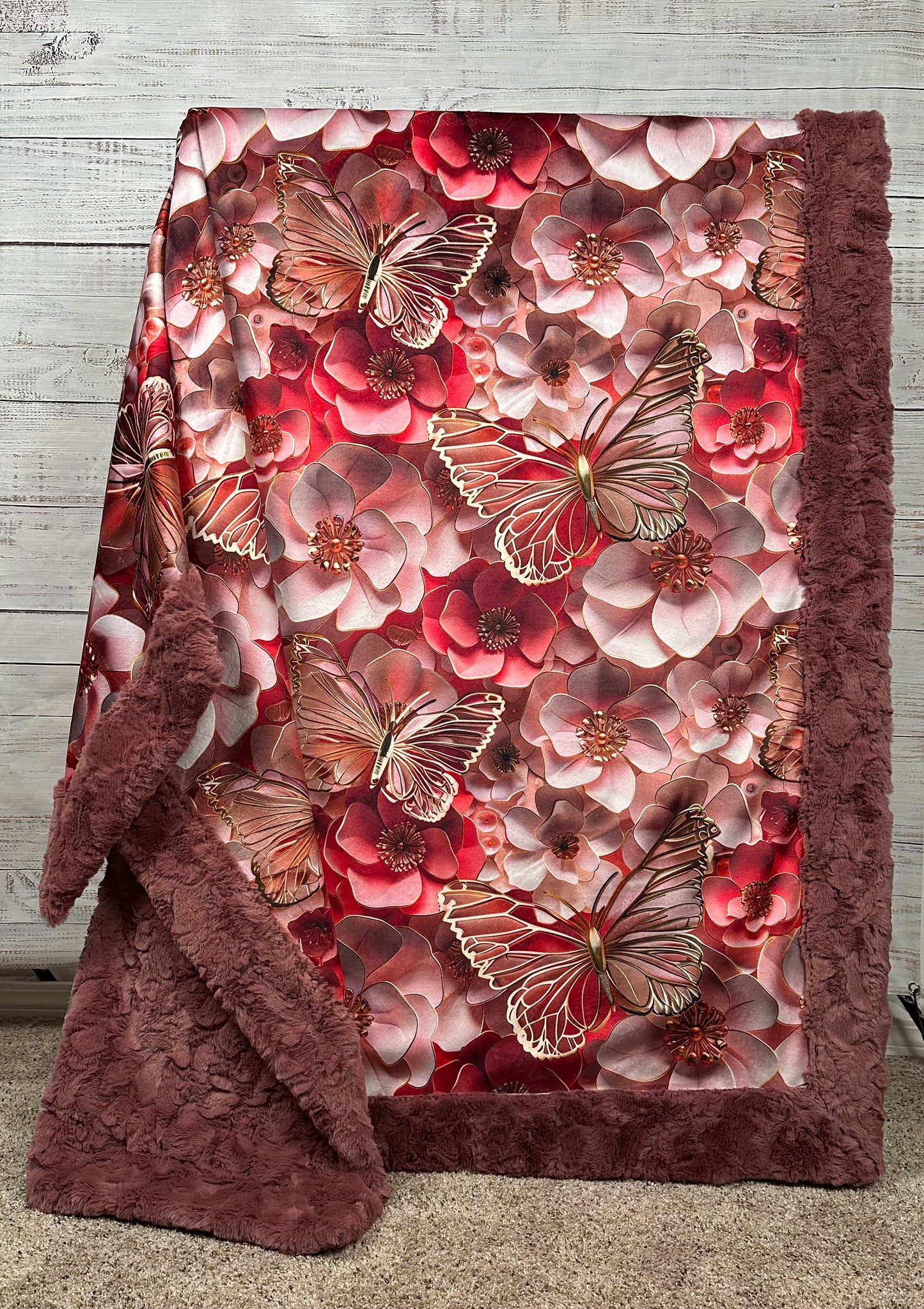 Golden Butterflies and Coral Flowers on Rose Luxe Large 53x79 Minky Blanket