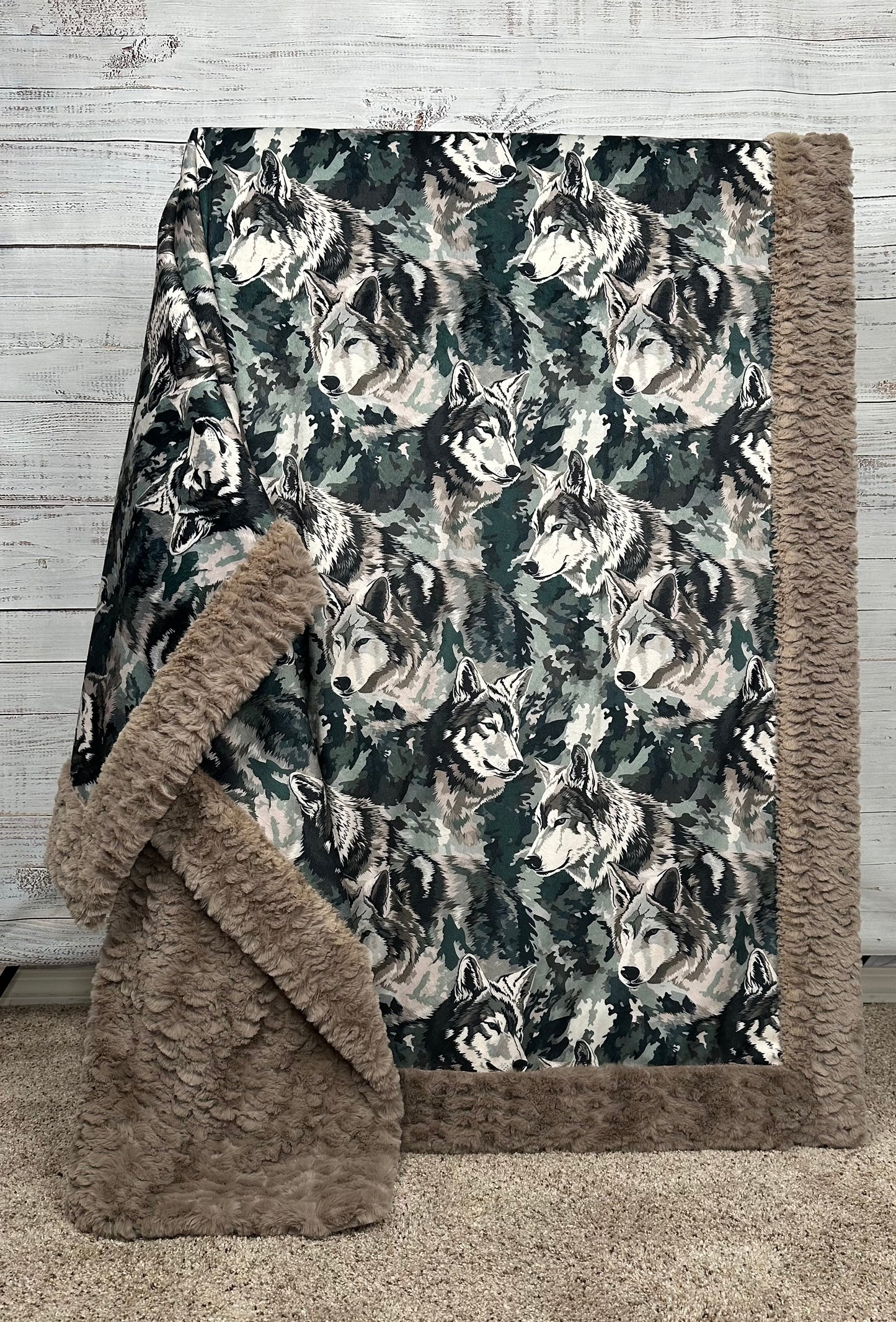Wolves on Taupe Luxe Large 53x79 Minky Blanket