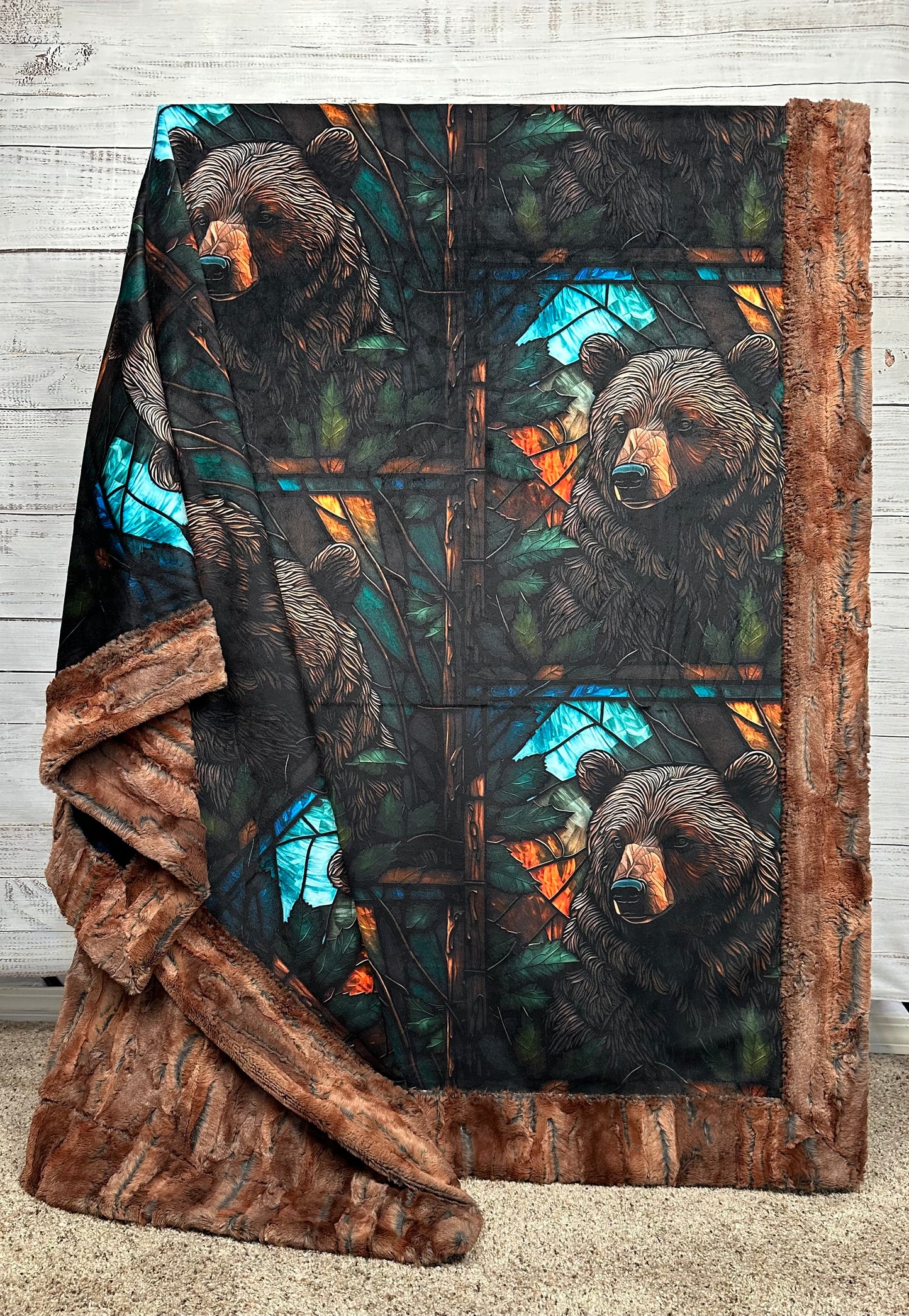 Stained Glass Bear on Rusty Copper Luxe Large 57x79 Minky Blanket