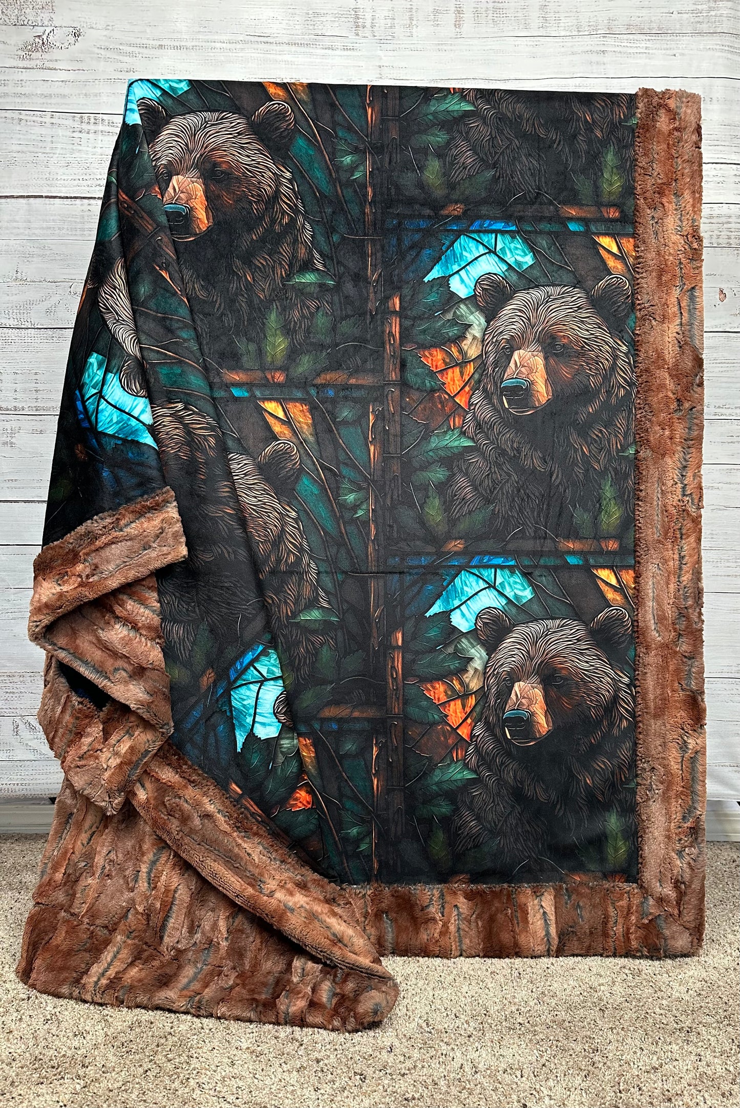 Stained Glass Bear on Rusty Copper Luxe Large 57x79 Minky Blanket