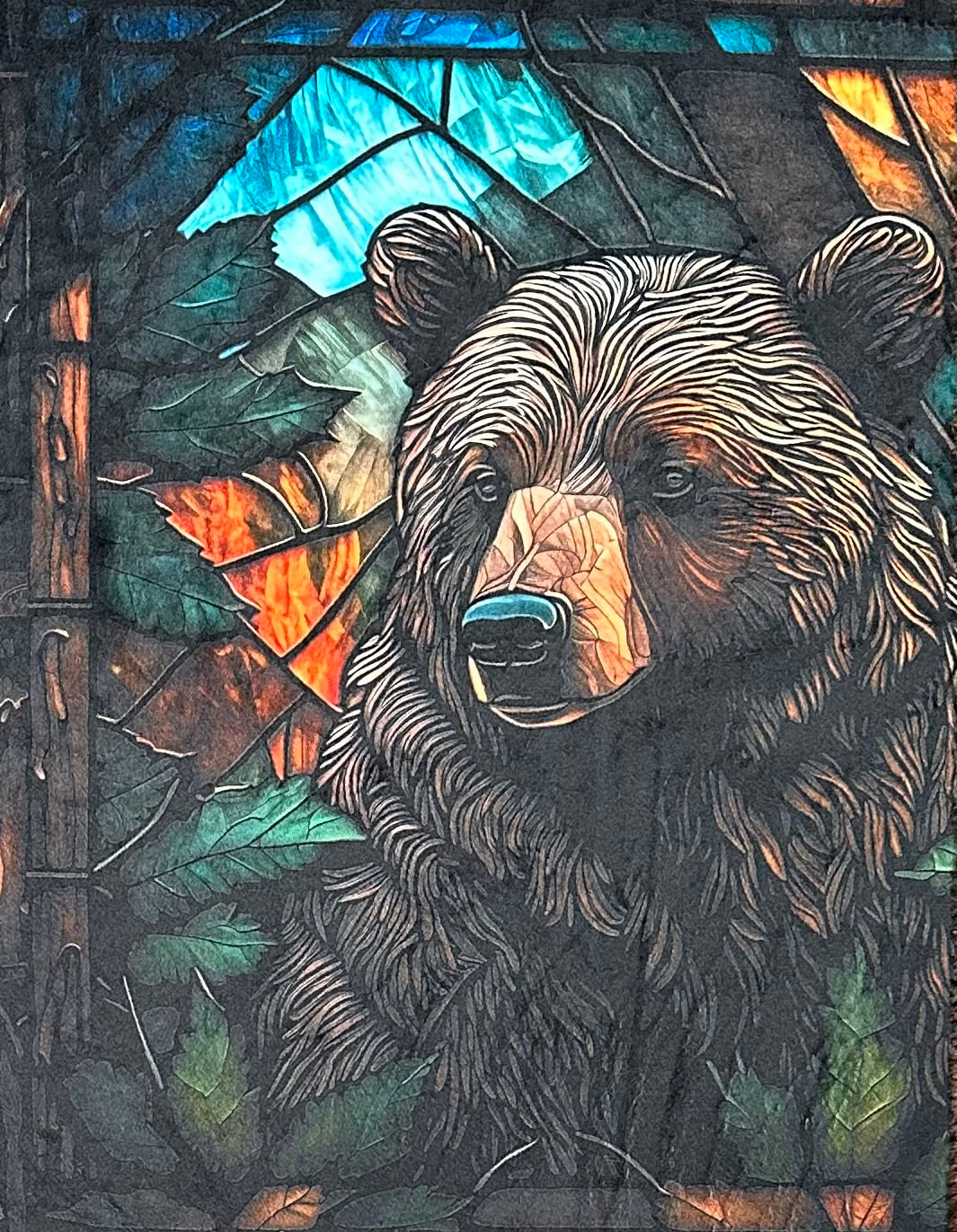 Stained Glass Bear on Rusty Copper Luxe Large 57x79 Minky Blanket