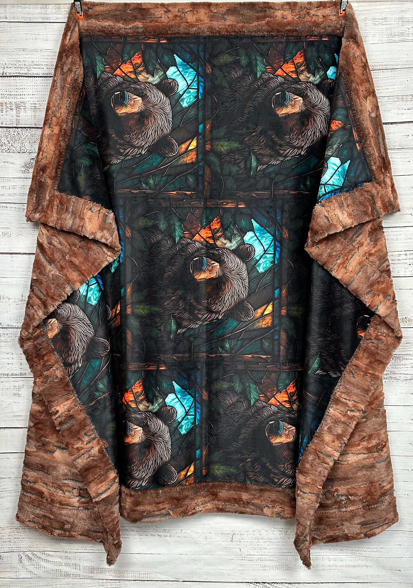 Stained Glass Bear on Rusty Copper Luxe Large 57x79 Minky Blanket