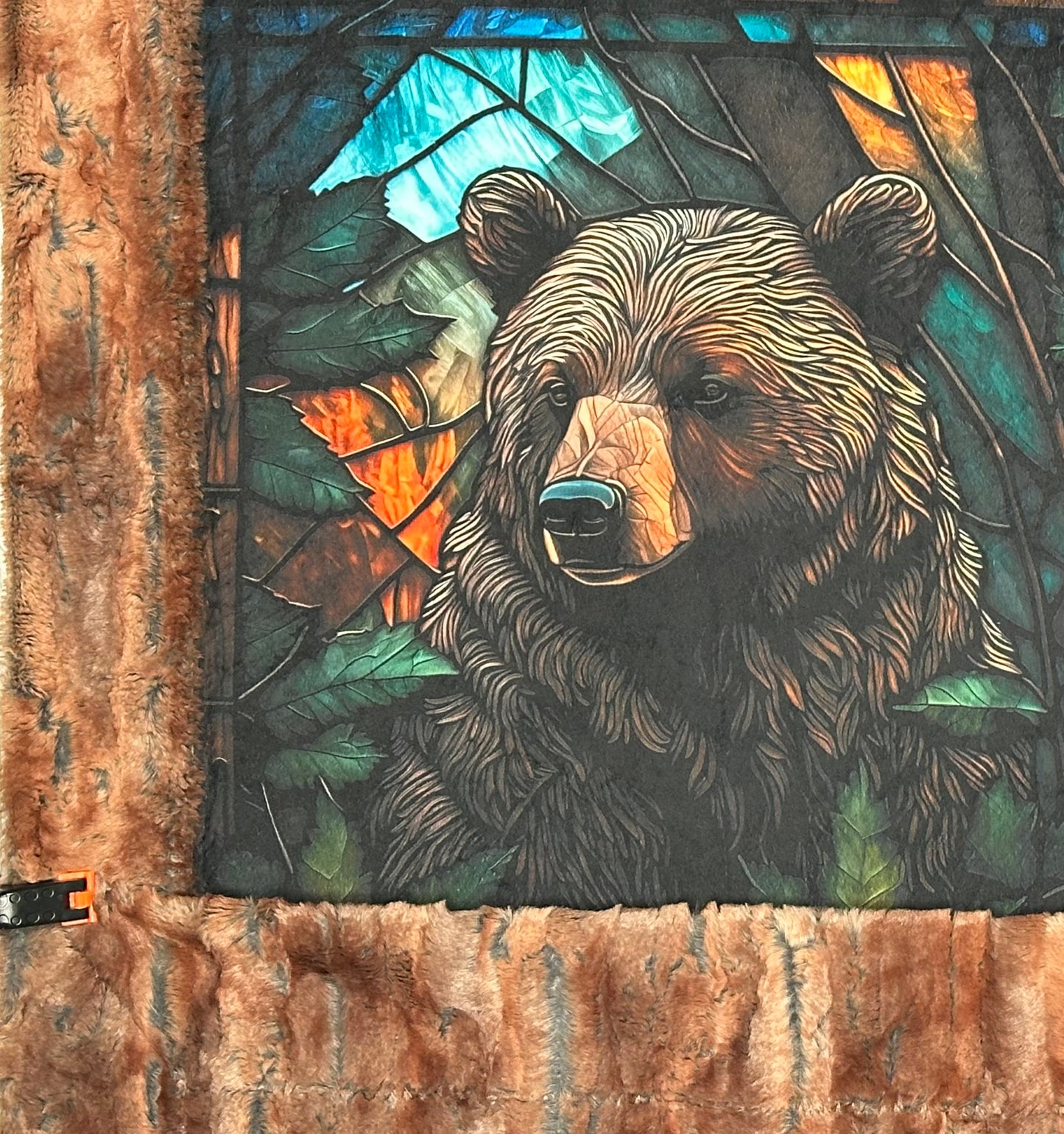 Stained Glass Bear on Rusty Copper Luxe Large 57x79 Minky Blanket