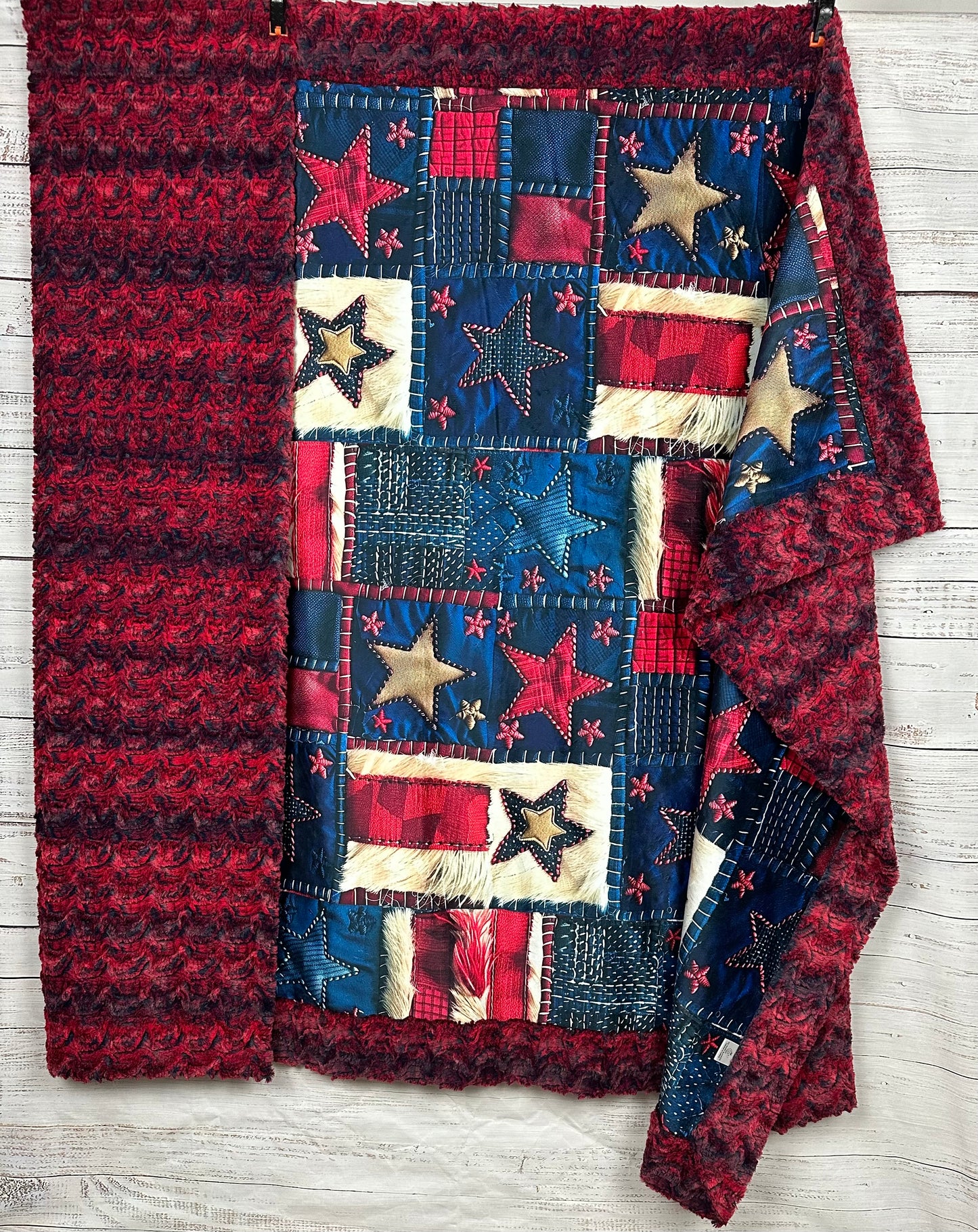 Patriotic 3D Patchwork Quilt on Red Luxe Large 55x79 Minky Blanket