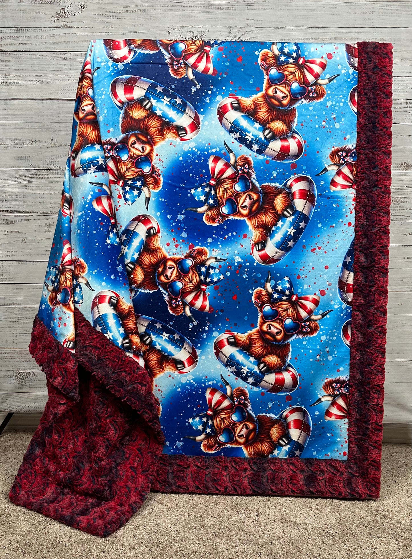 Patriotic Highland Cow on Red Luxe Large 55x79 Minky Blanket