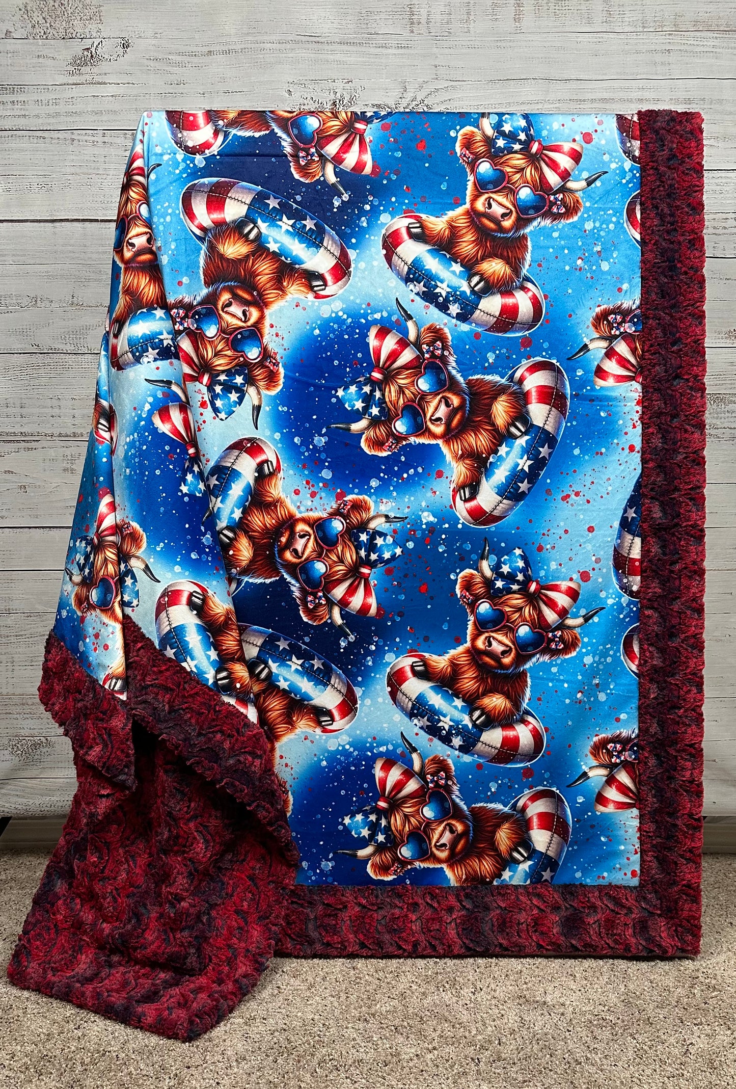 Patriotic Highland Cow on Red Luxe Large 55x79 Minky Blanket