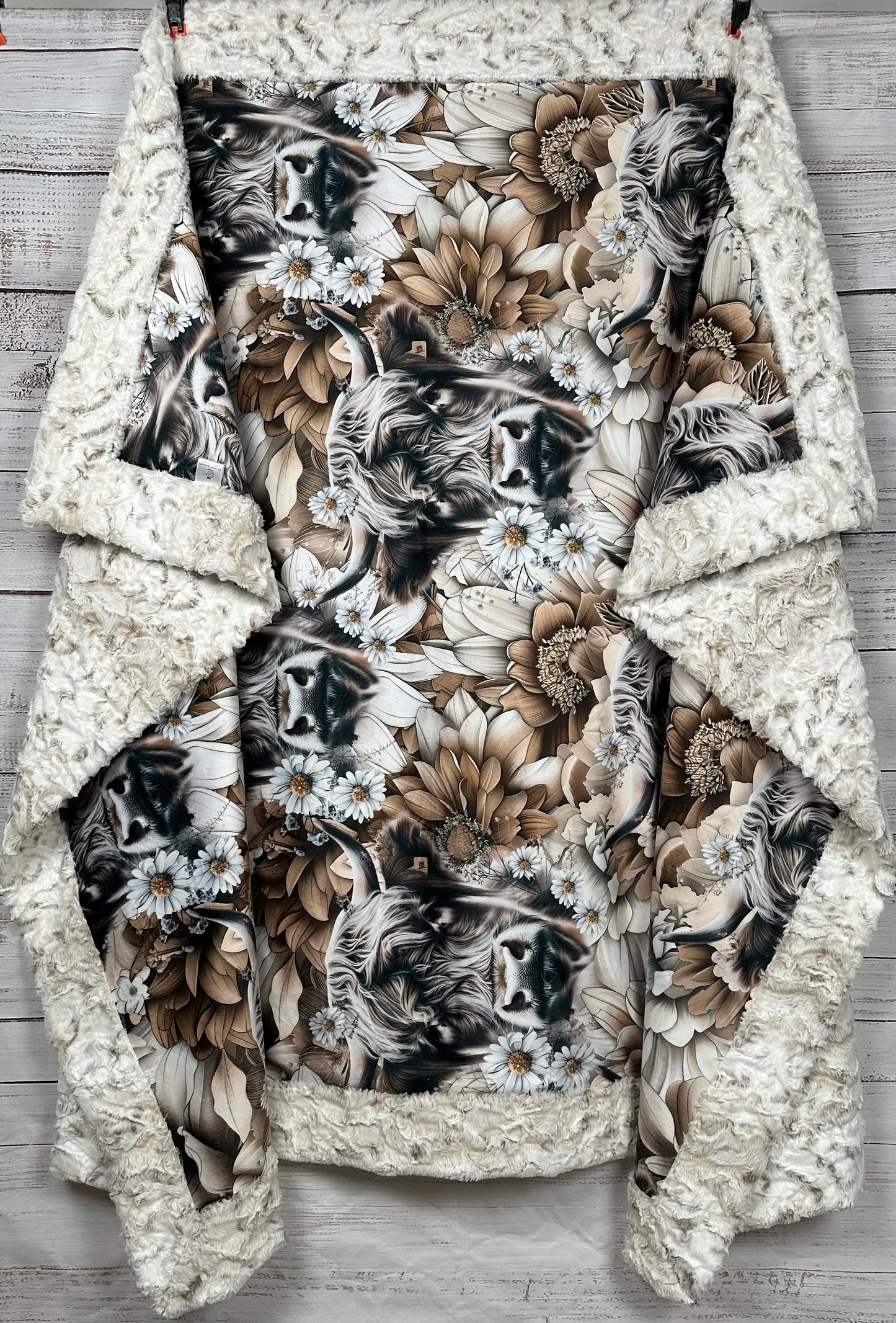 Highland Cow on Snowy Owl Luxe Large 55x79 Minky Blanket