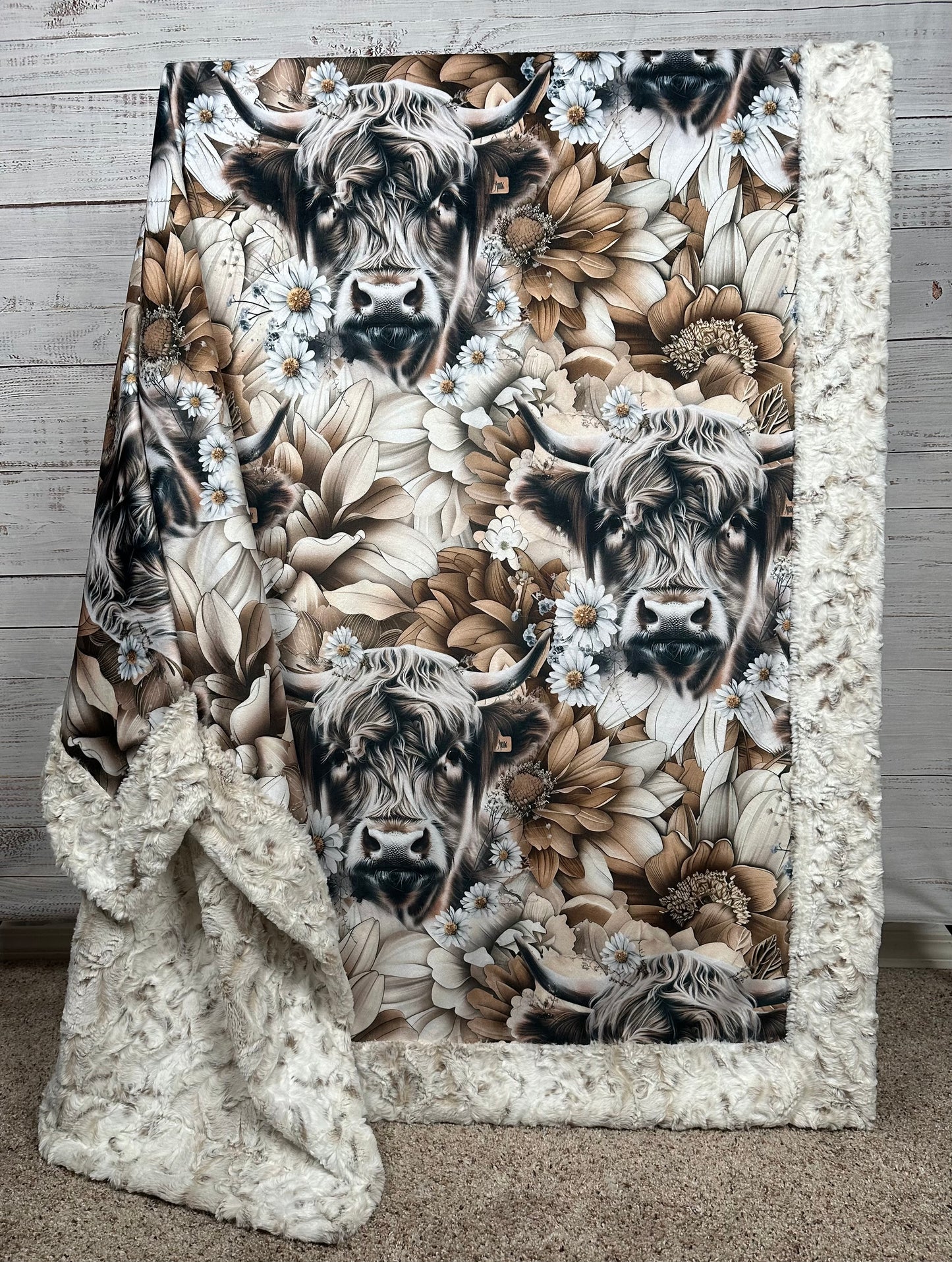 Highland Cow on Snowy Owl Luxe Large 55x79 Minky Blanket