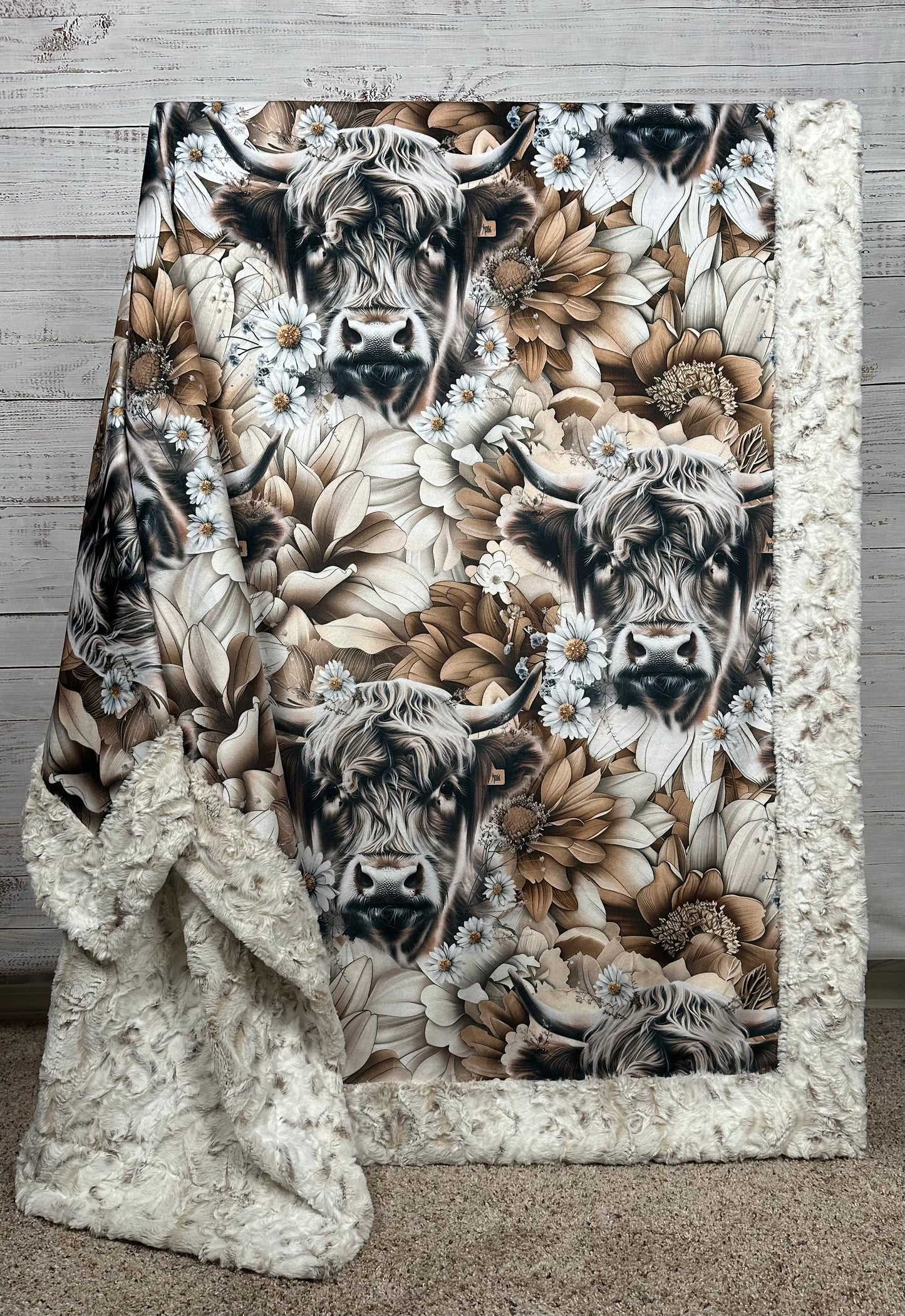 Highland Cow on Snowy Owl Luxe Large 55x79 Minky Blanket