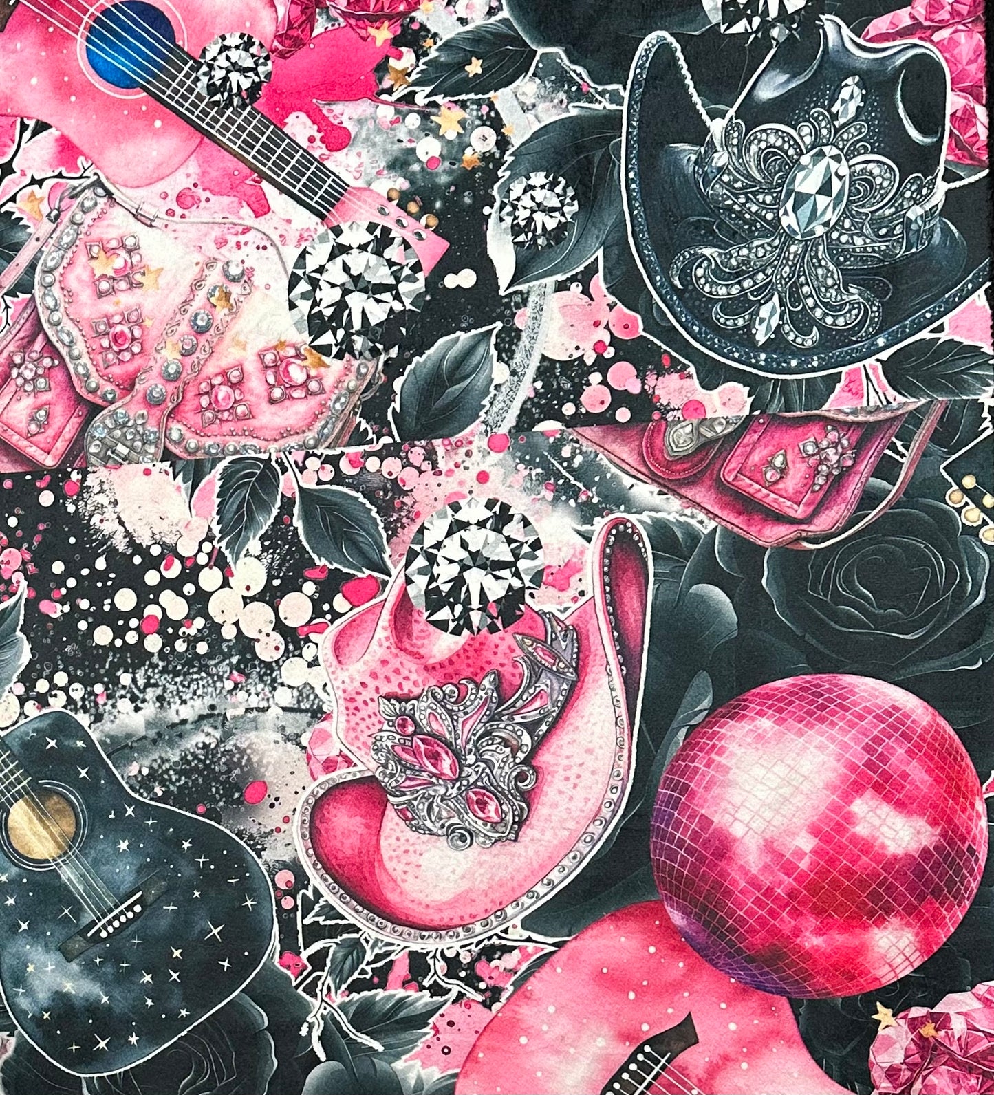 Cowgirl Pink Hat and Guitars on Black Luxe Large 55x79 Minky Blanket